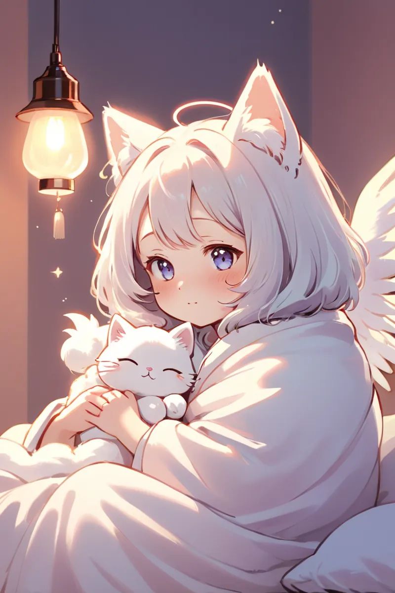 Digital illustration of "Fluffy Angel" created by Omochi Kuina. A serene expression wrapped in a fluffy blanket exudes com...