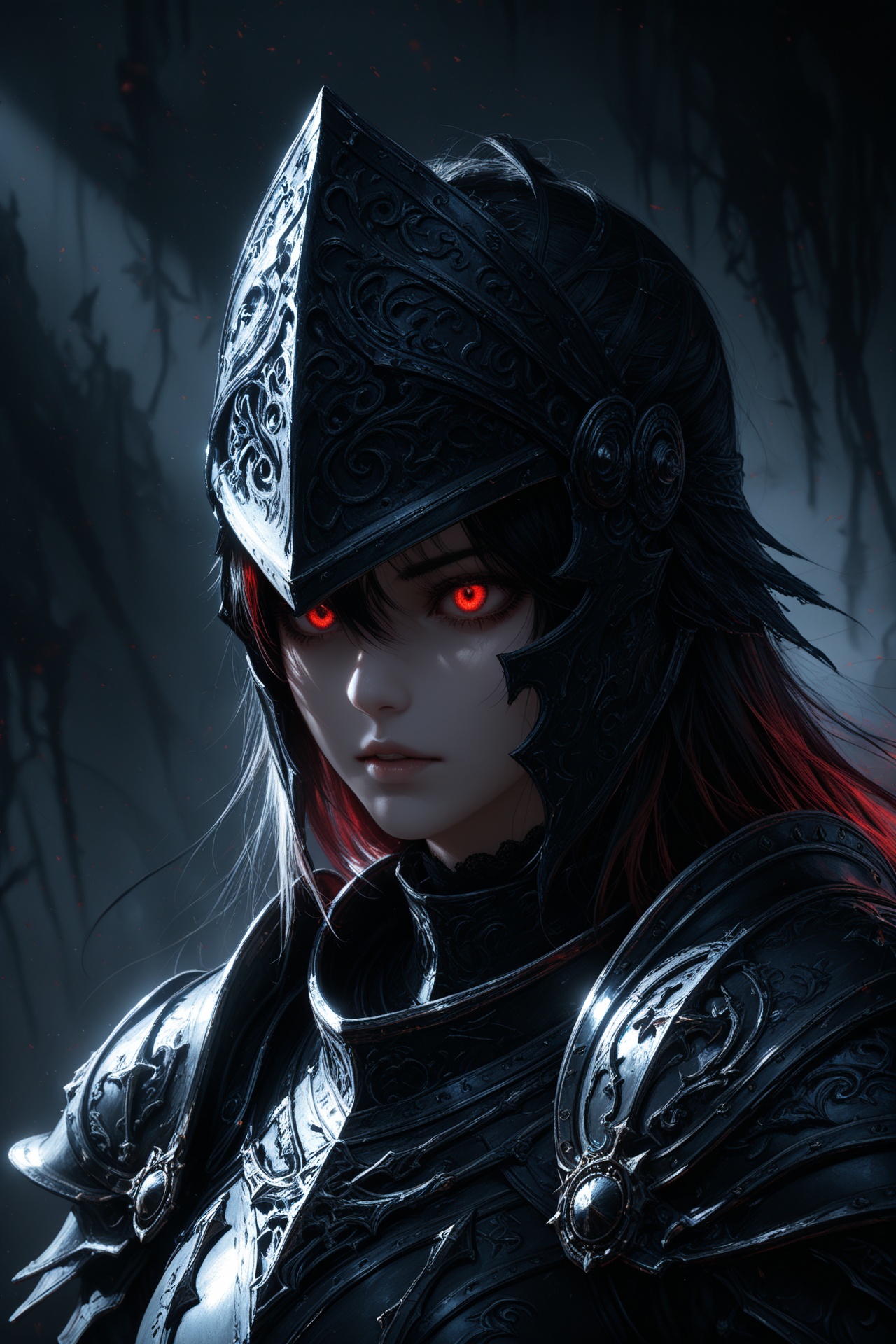 dmsty,masterpiece,best quality,amazing quality,absurdres,newest,ultra-detailed,close-up,upper body portrait,female knight,dark fantasy armor,eerie atmosphere,imposing pauldrons,gothic aesthetic,high contrast,dramatic lighting,deep shadows,battle-worn metal,intricate engravings,mysterious expression,glowing red eyes,cinematic composition,dark environment,moody background,