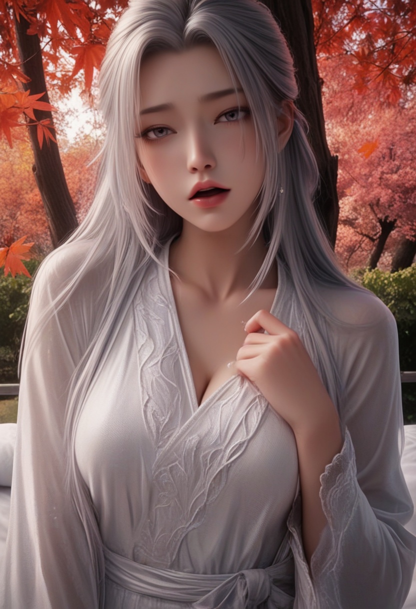 masterpiece,best quality,realistic,cinematic,detail eyes,(ultra-detailed),perfect composition,intricate details,absurdres,detailed face,high quality,high res,8K,1girl,long hair,large breasts,solo,dress,indoor,bed,1girl,head tilt,half open mouth,half-closed eyes,naughty face,blush,heavy breathing,upper body,heart bubbles,looking at viewer,one hand up,under the willow tree,maple leaf,<lora:奶琪睡衣gh:0.8>,