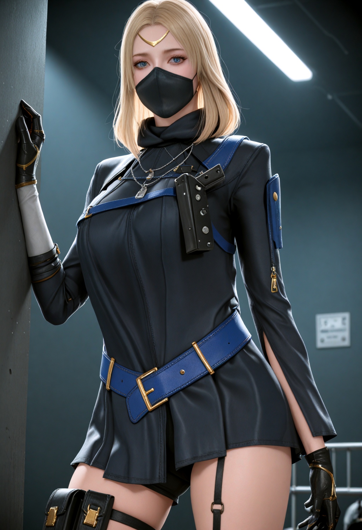 (upper_body:1.1),(gigantic breasts:0.6),(slender:1.3),(looking_at_viewer:1.1),(masterpiece:1.1),(best quality:1.2),(intricate details),(smog:1.3),(Dark room:1.3),(dim lighting:1.3),<lora:YQ_Illustrious光辉v5_葵_保卫者_V1:0.8>,q1528437228,1girl,solo,blonde hair,holster,gloves,thigh strap,mouth mask,belt,boots,long hair,black footwear,black gloves,thigh holster,high heels,high heel boots,holstered,dress,necklace,blue eyes,jacket,ankle boots,shorts,short dress,medium hair,short shorts,black shorts,long sleeves,black mask,black dress,legs,skirt,masterpiece,(best quality),(intricate details:0.9) BREAK (intricate details:0.9),(realistic skin:1.2),masterpiece,best quality,newest,absurdres,hiahres,