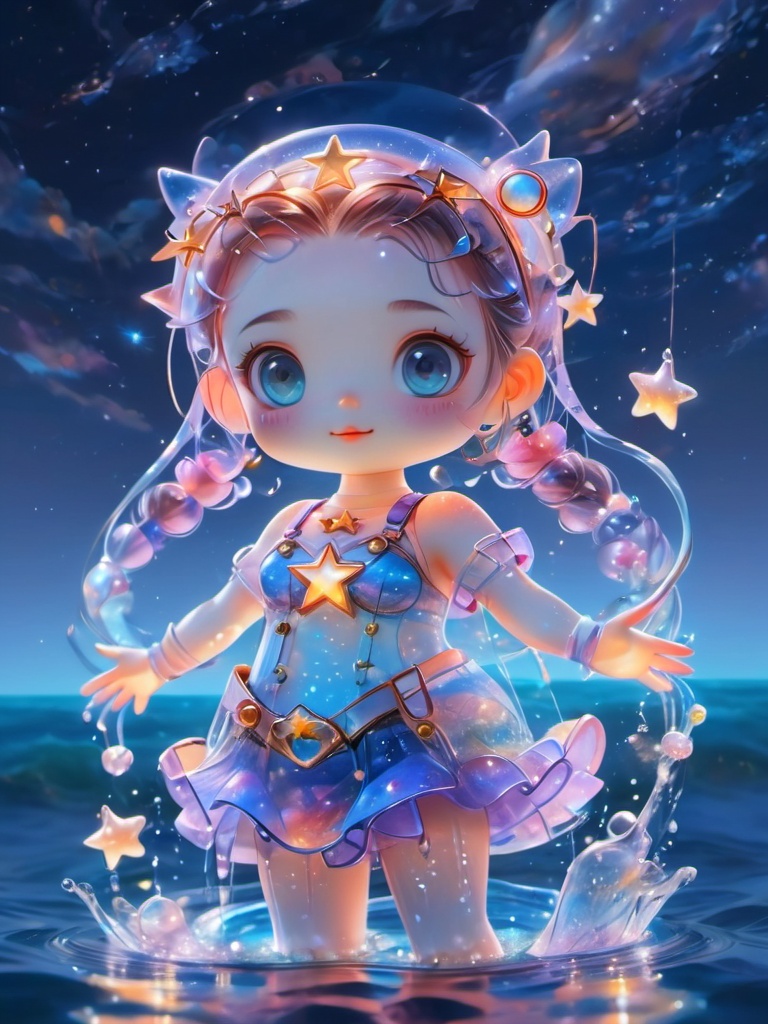 arttoy,3d artwork of a super cute girl, stands in the sparkling sea water on a night, holding glowing stars in hands, Aesthetic style, dreamy background <lora:arttoySDXL-000008:1>