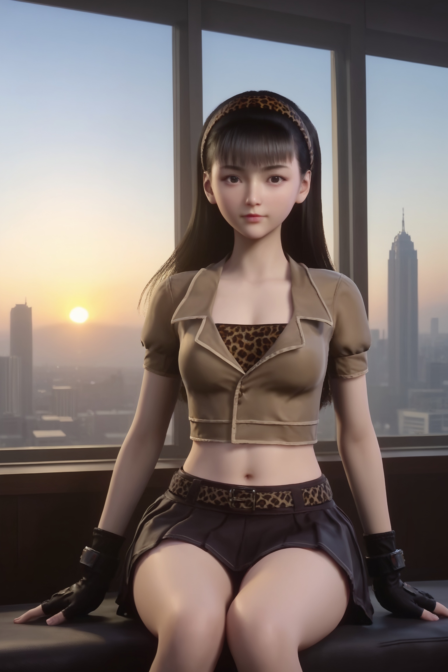 score_9_up,1girl,solo,sitting,window,frills,sky,cloud,indoors,cityscape,closed_mouth,sunset,looking at viewer,<lora:地灵曲-韩晓灵-新:0.7>,1girl,long,straight black hair,a beige,short-sleeved crop top with a leopard-print trim,a pair of black fingerless gloves,brown mini skirt,