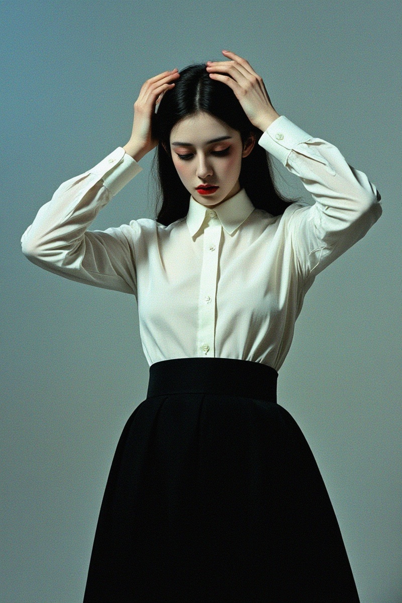 GSL,<lora:Fulan_guishilu_merjic_F.1:0.8>,surrealist Grotesque photography,A person in a white shirt and black skirt, with their hands on either side of their headas if holding it up or away from something unseen