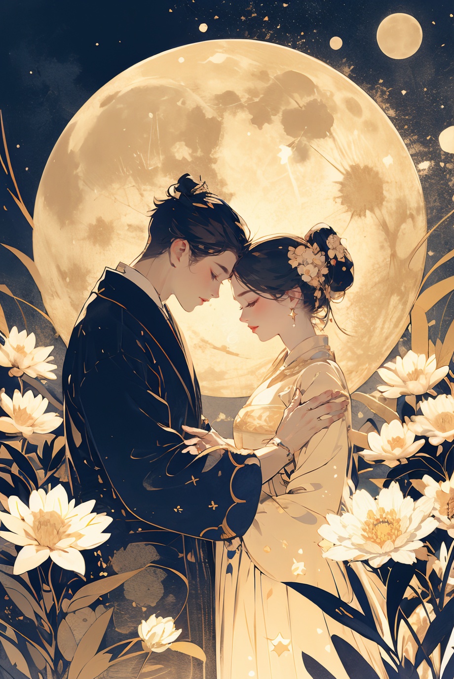 masterpiece,best quality,couple,<lora:tuanyuan_20240304140852:0.8>,star,flower,moon,