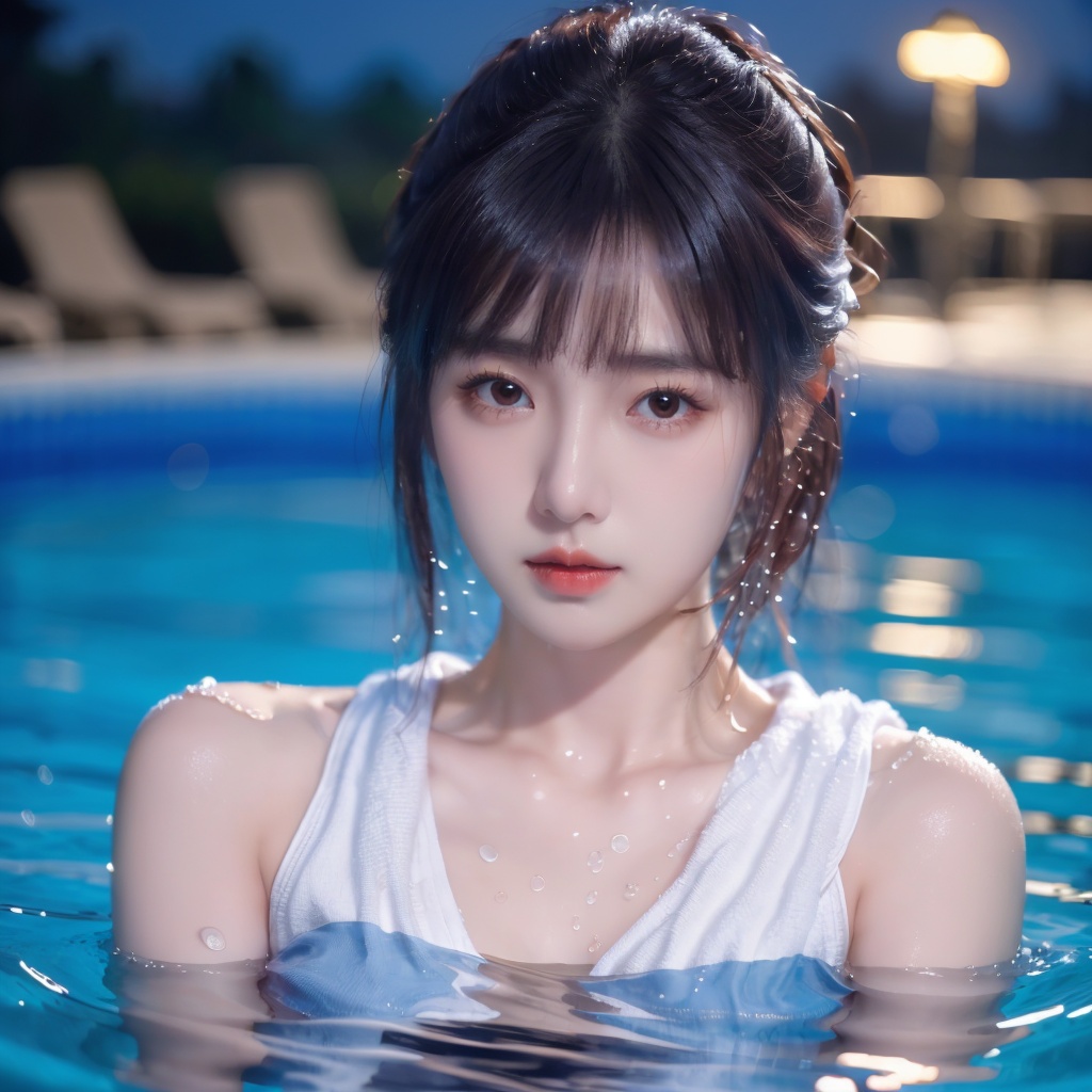 1girl,towel,partially submerged,breasts,brown eyes,lips,water,waves,wet,Pool,Red lips, close-up, water vapor, lighting, at night, <lora:20231109-1699510907344:0.6>