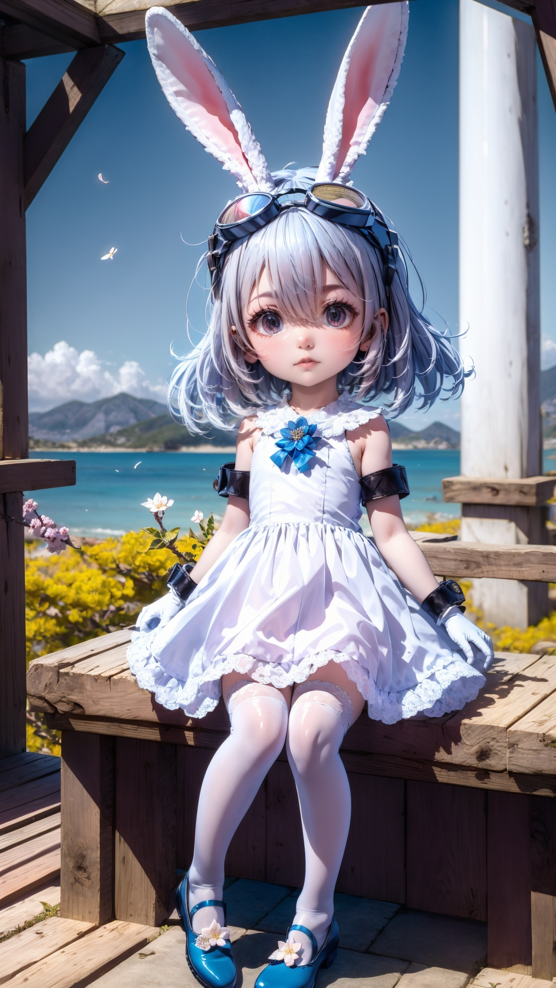 tutututu,1girl,solo,wrist cuffs,rabbit ears,white dress,white gloves,blue footwear,goggles on head,sleeveless dress,bangs,blue bow,white hair,short hair,white thighhighs,<lora:lihaigeQ-000006:0.9>,masterpiece,best quality,summer,seaside,fruit,full body,hat,long hair,looking at viewer,red flower,Plum blossoms,red plum blossoms,coconut trees,sitting,solo,sky,sun,mountain,forest,