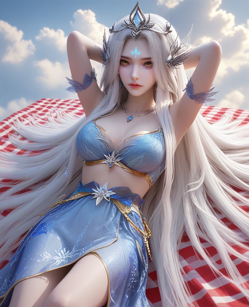(Lying on a picnic blanket, hands behind the head, watching clouds drift by with wonder,:1.1),(large breasts:1.2),<lora:XL16云深不知梦羲和元神:0.95>,miss xihe,powder blue dress,yellow eyes,facial mark,white hair,absurdly long hair with hair over shoulder,hair ornament,jewelry,, score_9,score_8_up,score_7_up,score_6_up,score_5_up,score_4_up,3d rendering,tag1,tag2, Cinematic Lighting,backlighting,