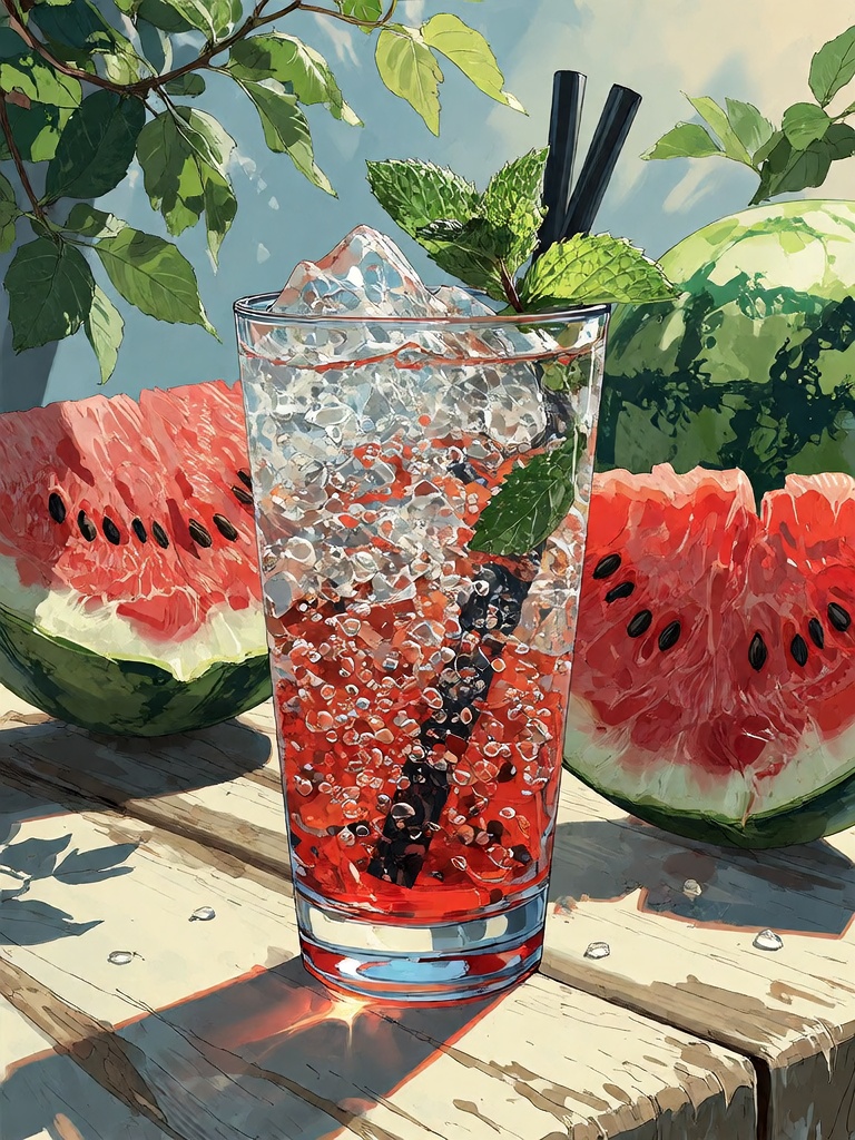 Bradhamel art style.A tall glass filled with vibrant red watermelon-infused sparkling drink,  topped with crushed ice,  fr...