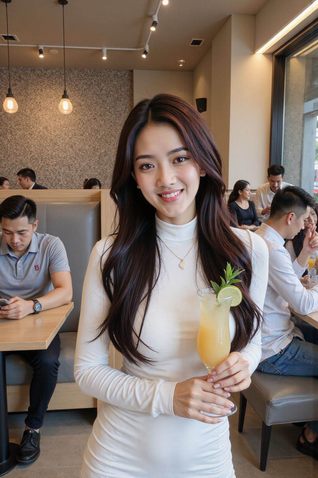 This photograph captures a vibrant,modern restaurant setting with a warm,inviting ambiance. In the foreground,a young woman with long,straight black hair and fair skin smiles directly at the camera. She is wearing a form-fitting,white,long-sleeved top that accentuates her slender figure. In her right hand,she holds a tall,clear cocktail glass filled with a light-colored drink garnished with a lime wedge and a green herb sprig. The woman appears to be in her early twenties.,In the background,there are several patrons engaged in various activities. A man in a gray polo shirt,likely in his thirties,is seated at a table,intently focused on his smartphone. Another man,also in his thirties,is wearing a white shirt and is engaged in conversation with a woman seated across from him. Both are sitting on padded,gray benches with light wood tables.,The restaurant's interior is stylish,with a mix of modern and rustic elements. The walls are adorned with a mosaic pattern of gray and white tiles,and there are pendant lights with warm,yellowish light fixtures hanging from the ceiling. The overall atmosphere is cozy and sophisticated,with a focus on comfort and good food.,