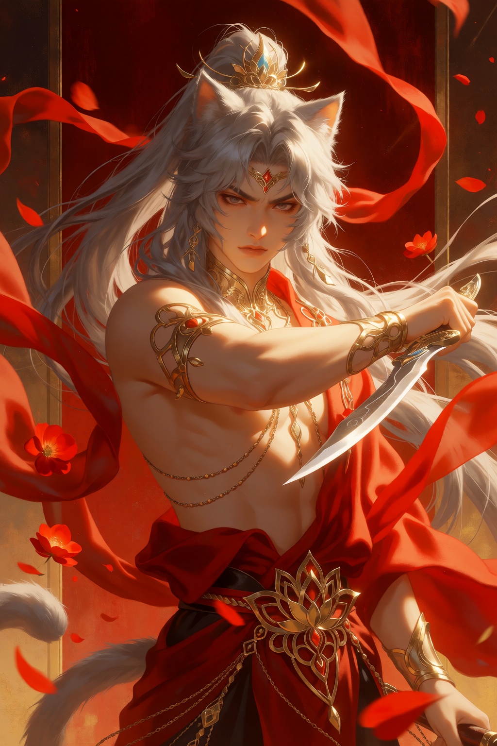 A medium shot depicts a scowling cat-eared man with long,  layered silver-white hair tied in a high ponytail,  gazing forw...