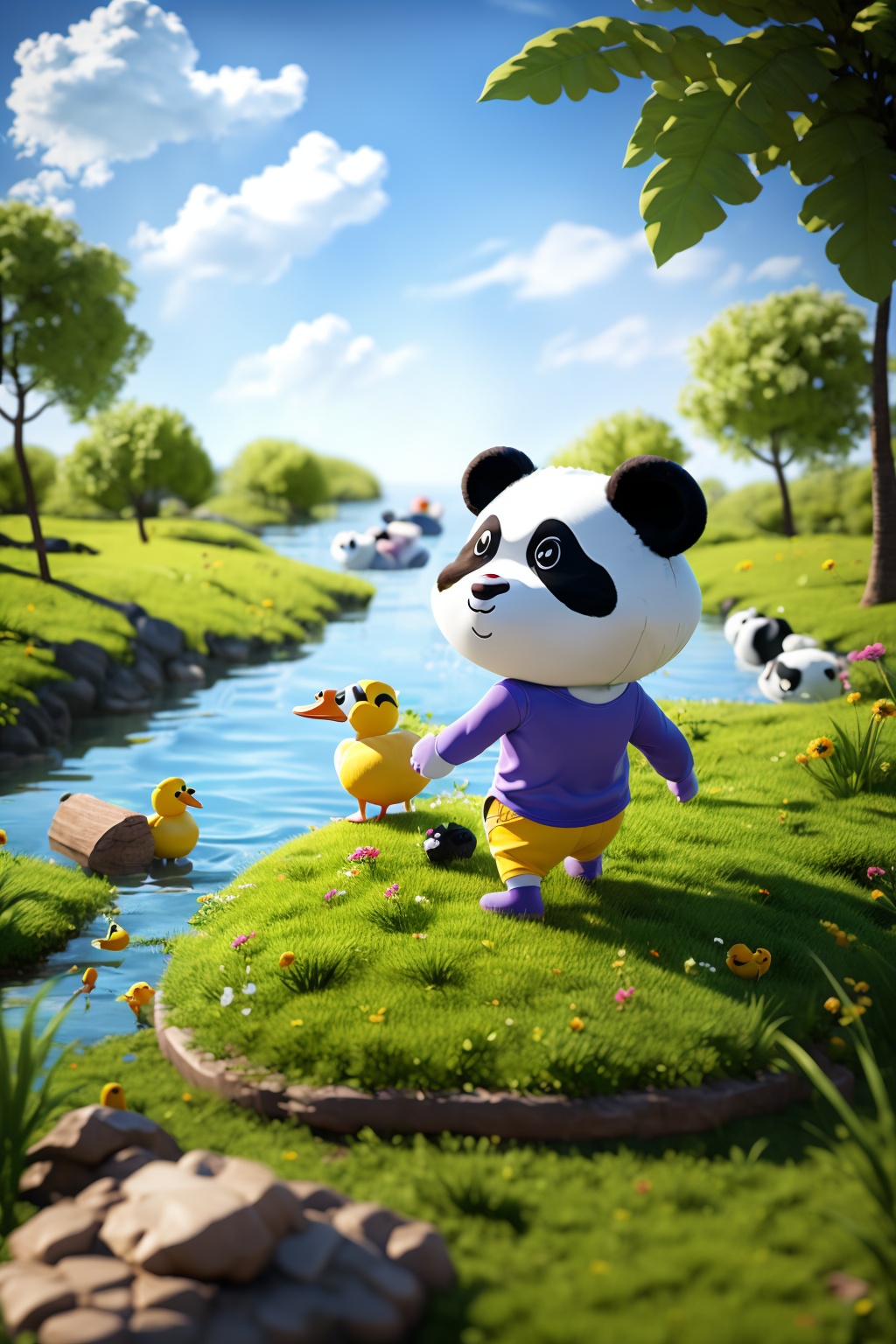 OC rendering,C4D,3D,product photography,still life,A Q cute panda wearing yellow clothes is holding a kite in its hand,and behind it is a little duck wearing purple clothes,climbing up the grassy slope,; Blue gradient sky,clouds,ultra wide angle view,top-down view,unmanned,