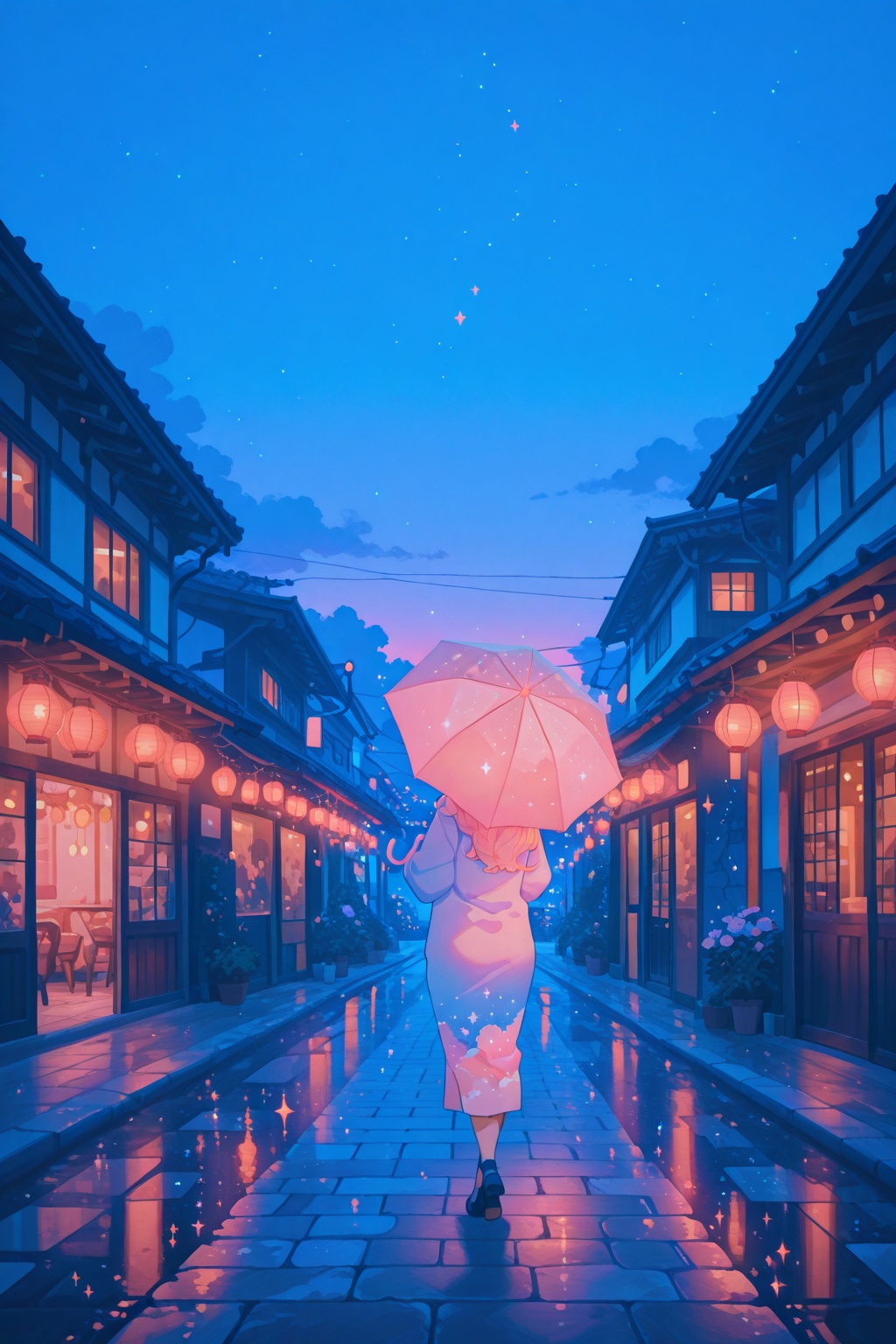 1girl,  japanese street,  lanterns on Tensor.Art