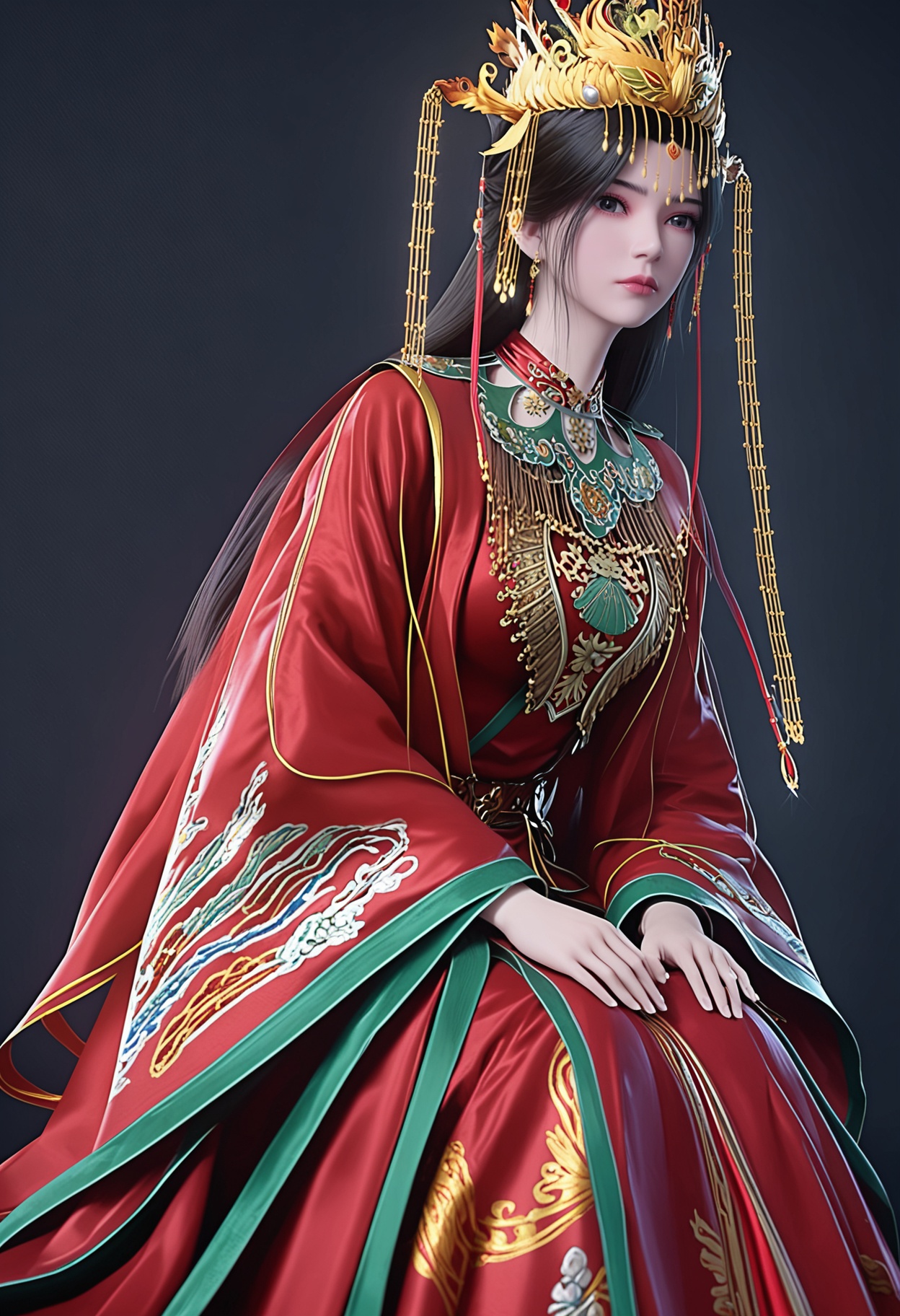score_9,looking_at_viewer,large breasts,1girl,solo,long hair,chinese clothes,jewelry,hair ornament,black hair,dress,closed mouth,red dress,earrings,crown,realistic,long sleeves,brown hair,expressionless,tiara,wide sleeves,headdress,shoes,sitting,(simple background,pure black background,black background:1.1),perfect_anatomy,<lora:QQSponylimuwanhunfu:0.8>,