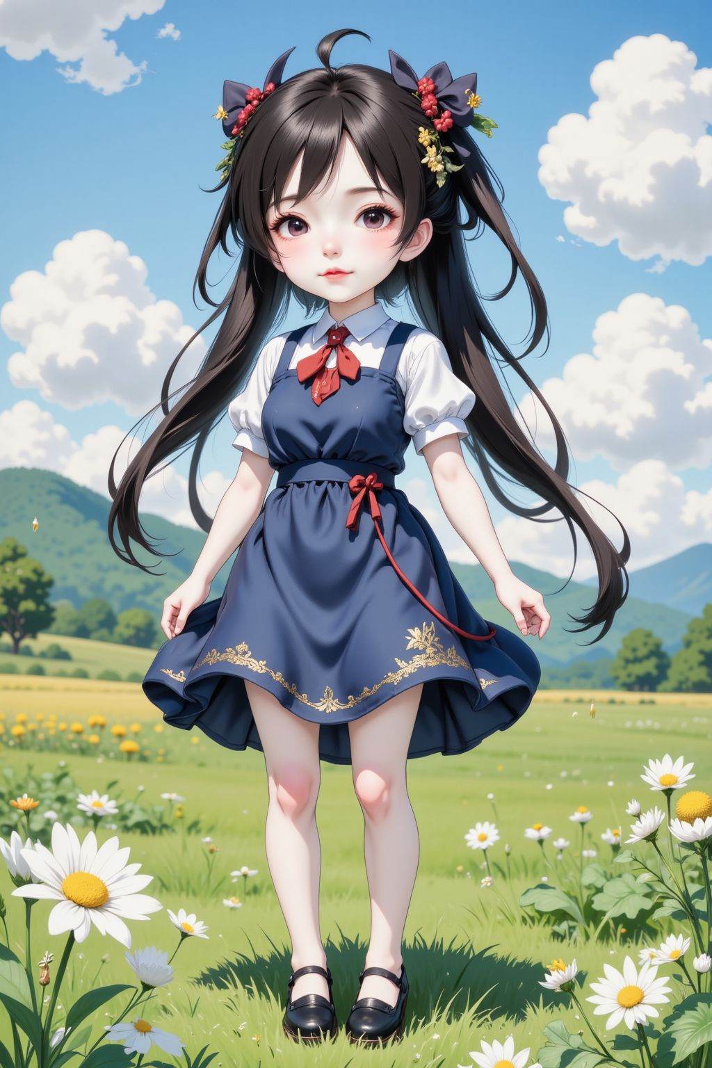 chibi, 1girl, black hair, dress, outdoors,