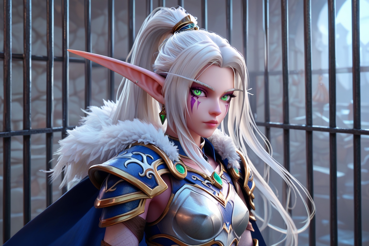 langleyPTN,stylePTN,Azshara,1girl,score_9,score_8_up,score_7_up,in jail,1girl,solo,upper body,look at viewer,Maievxl,night elf,pointy ears,ponytail,white hair,green eyes,helmet,armor,leggings,shoulder armor,cape,fur trim,gauntlets,very long hair,