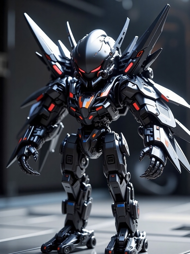mecha,Cute robot,Masterpiece,finest quality,astonishing details,realistic photos,robot,no one,mecha,sci-fi,solo,black robot,non-humanoid robot,spherical mechanical head,arms spread open,fingerless mechanical arms,mechanical arms with a nestling bird's wing structure,mechanical legs with rollers,high reflective surface,red glowing eyes,standing,multiple blue light sources on the body,reflective floor,looking at the audience,details,reasonable mechanical structure,correct engineering.,