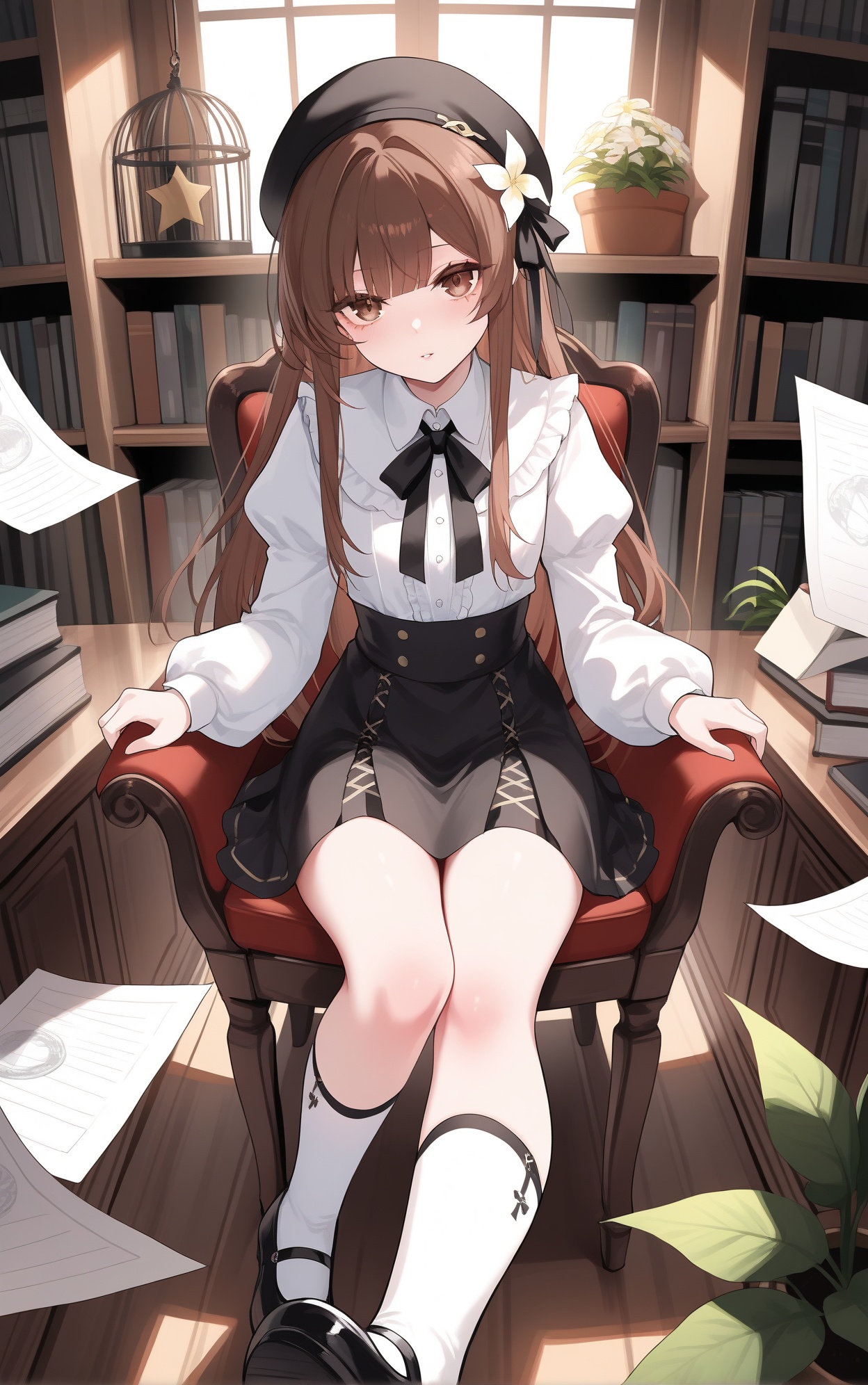 msk,CG rendering,ka ra ra ge tsu ne,gwwj,key999,masterpiece,best quality,very aesthetic,extremely delicate and beautiful,huge filesize,amazing quality,32K UHD,ultra-detailed,photorealistic skin,depth of field,8k,(sheya:0.4),(Qiandaiiu:0.3),(koahri:0.4),sexy,(MeIoN:0.4),(wumai:0.4),(ssr:0.7),(SG:0.9),(netural:0.6),(Fungi:0.3),(ABPART:0.8),(D. I .S.H:0.6),(sorananiiro:0.4),(san:0.3),((eichi)_nagatochi:0.9),mature_female,(torino:0.2),glamor,wallpaper,cosplay,cinematic_angle,real,(by Devilworld:0.3),clear,cute,bishoujo,kawaii,nsfw,newest,latest,(hitokomoru:0.4),(miyuki:0.8),beautiful detailed eyes,beautiful detailed lips,extremely detailed eyes and face,delicate features,graceful pose,ethereal atmosphere,soft lighting,enchanting,illustration,anime style,vivid colors,sharp focus,professional,extreme detail description,ZX light,masterpiece,best quality,very aesthetic,extremely delicate and beautiful,Noise and grain,huge filesize,amazing quality,foreshortening,cinematic_angle,//,sumisokome,1girl,birdcage,cage,plant,solo,potted plant,indoors,socks,sitting,window,skirt,bird,hat,shirt,book,white shirt,long hair,long sleeves,brown hair,white socks,bookshelf,looking at viewer,black skirt,ribbon,shoes,puffy sleeves,neck ribbon,stool,shelf,paper,black footwear,kneehighs,brown eyes,chair,black ribbon,flower,