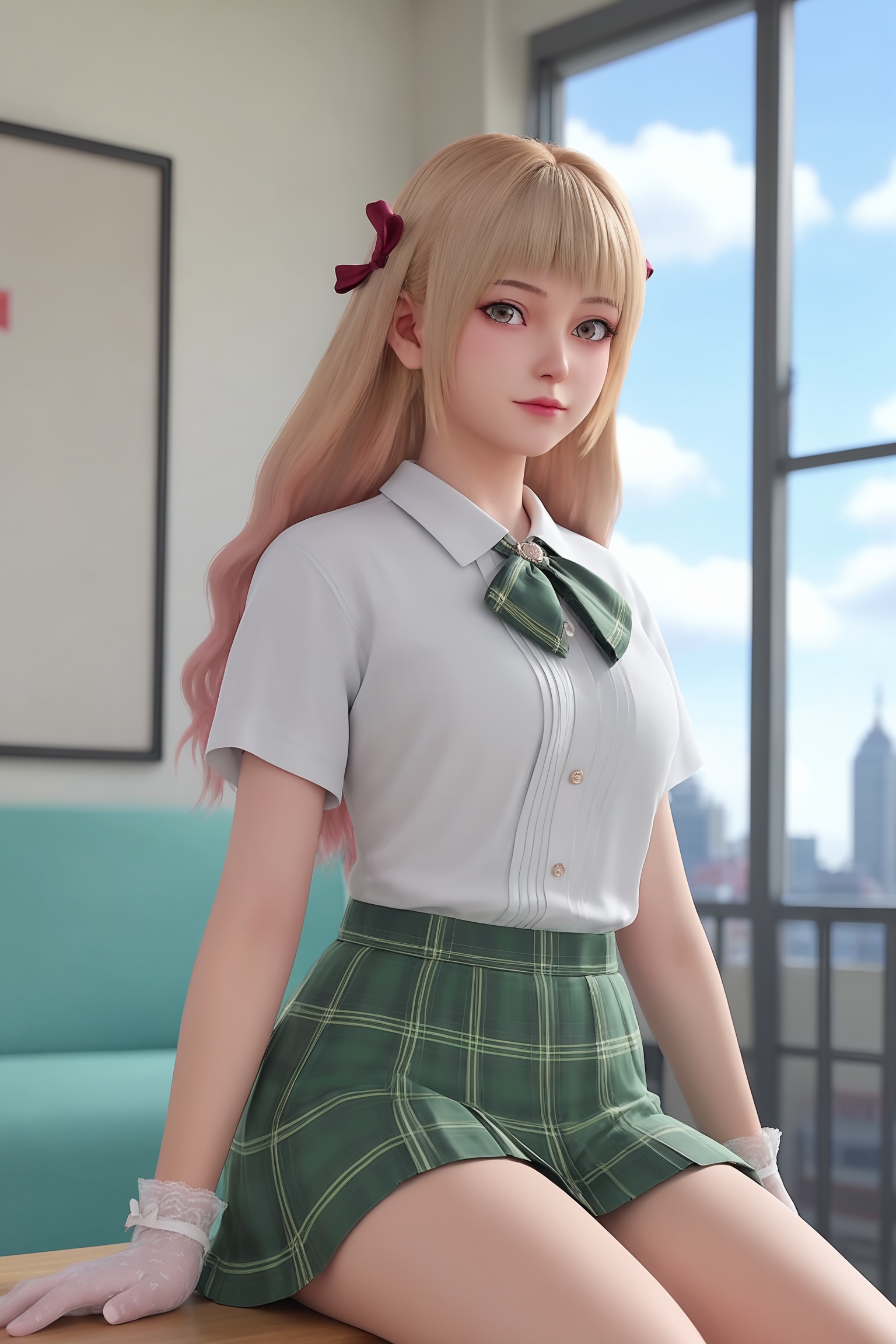 score_9_up,1girl,solo,sitting,window,frills,sky,cloud,indoors,cityscape,closed_mouth,sunset,looking at viewer,<lora:反派初始化-乔伊-校服Pony:0.6>,long,light blonde hair,red ribbon,a white,short-sleeved blouse,high collar,neatly tucked into a green plaid skirt,large green plaid bow tied,school uniform,white lace cuff,white lace gloves,