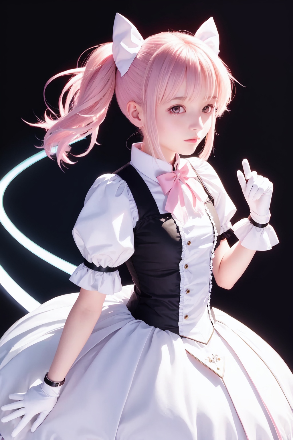 masterpiece,best quality, highly detailed, kaname_madoka,1girl,solo,short_twintails,white_gloves,magical_girl,puffy_short_sleeves,looking_at_viewer,white_background,blush,simple_background,hair_ribbon<lora:kaname_madoka:1>,simple background,white background