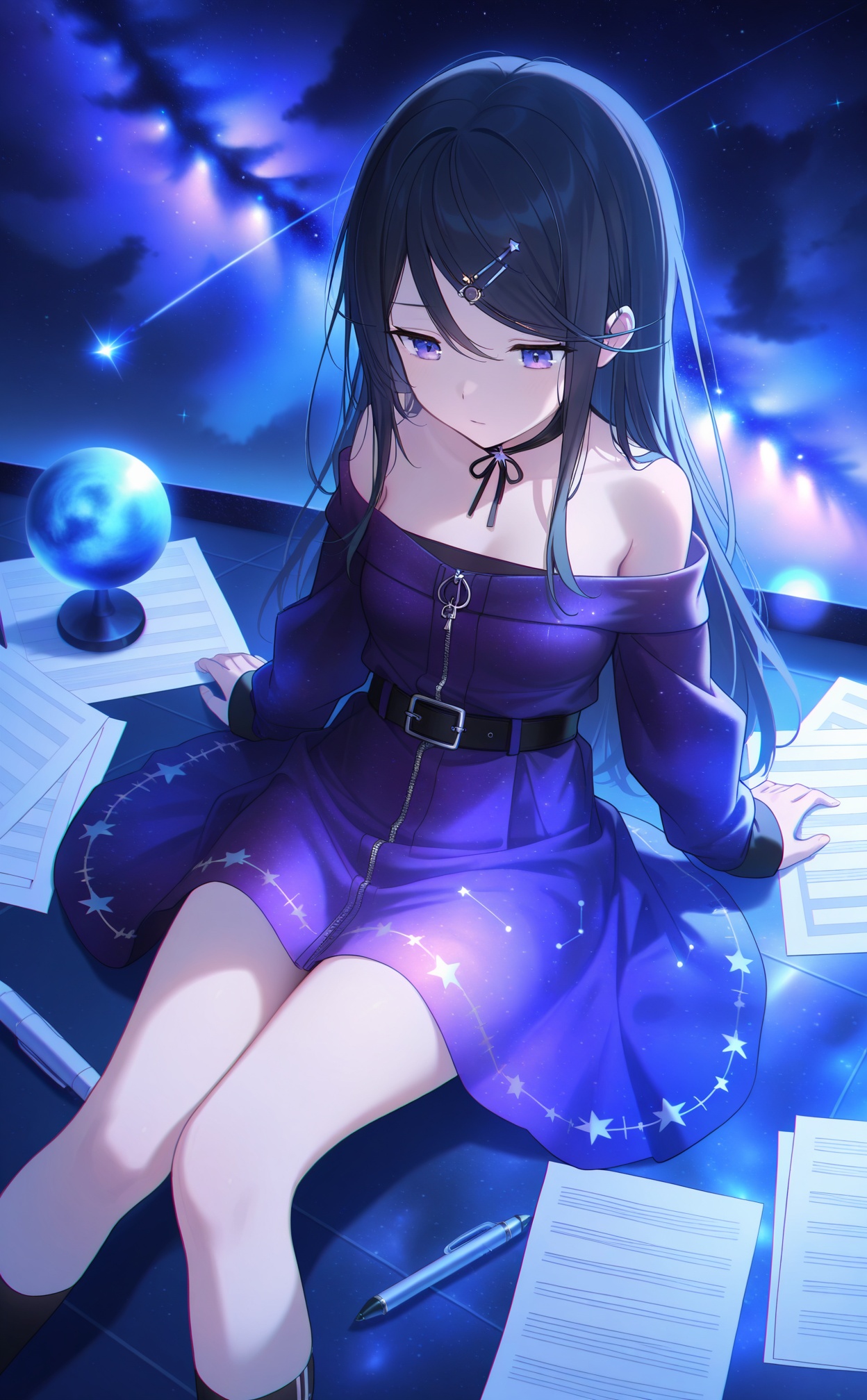 masterpiece,very aware,(highres),absurdres,newest,best quality,high quality,chromatic_aberration,White Theme,lightblue Theme,//,1girl,solo,paper,hair ornament,long hair,star \(sky\),dress,purple dress,belt,sitting,off shoulder,starry sky,black hair,black belt,looking down,hairclip,sky,arm support,pen,bare shoulders,closed mouth,off-shoulder dress,purple eyes,long sleeves,swept bangs,sheet music,socks,nebula,feet out of frame,breasts,jewelry,hair between eyes,blue eyes,zipper,shooting star,constellation,on floor,knees together feet apart,buckle,star \(symbol\),night,night sky,gradient dress,starry background,orb,official alternate costume,//,absurdres,newest,very aesthetic,amazing quality,highres,sensitive,ultra detailed,best anatomy,HDR,8K,high detail RAW color art,high contrast,illustration,depth of field,(colorful),phenomenal aesthetic,detailed light,blurred picture,Tyndall effect,contrast,lens flare,cinematic lighting,//,<lora:timmoo——【noob】hans:1>,