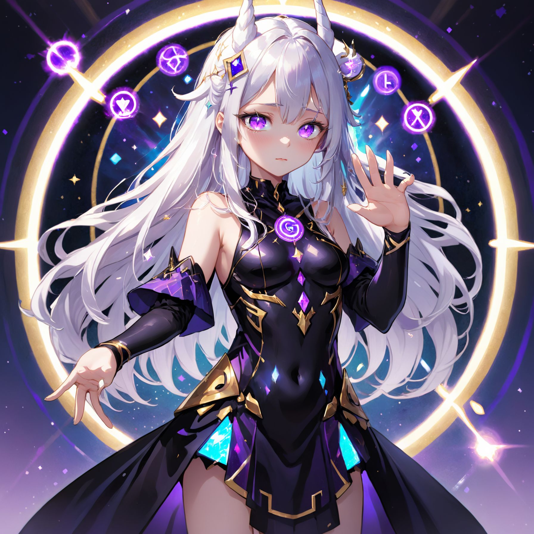 Illustration of XL-chan v1.0,  a magical girl with long silver hair and vibrant purple eyes,  dressed in a sleek black and...