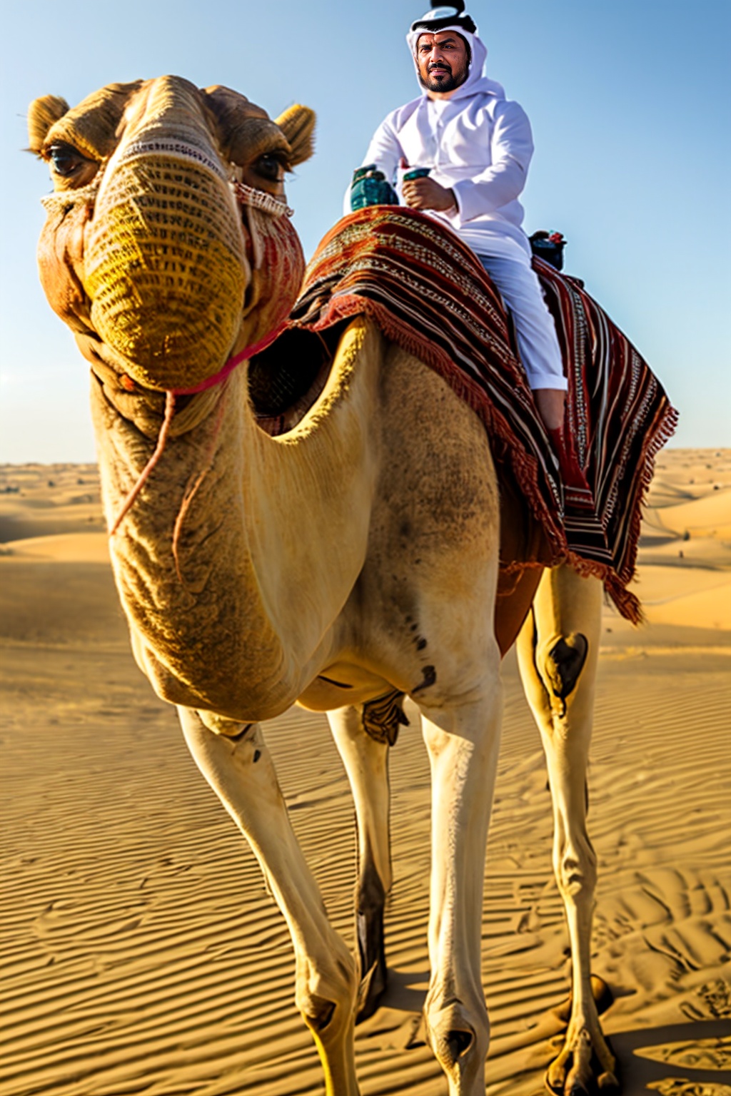 1boy, animal, arabcamel, camel, desert, facial hair, hood, looking at viewer, male focus, outdoors, realistic, white pants, white shirt, <lora:SD1.5_ARABCamel.1.0:0.7>