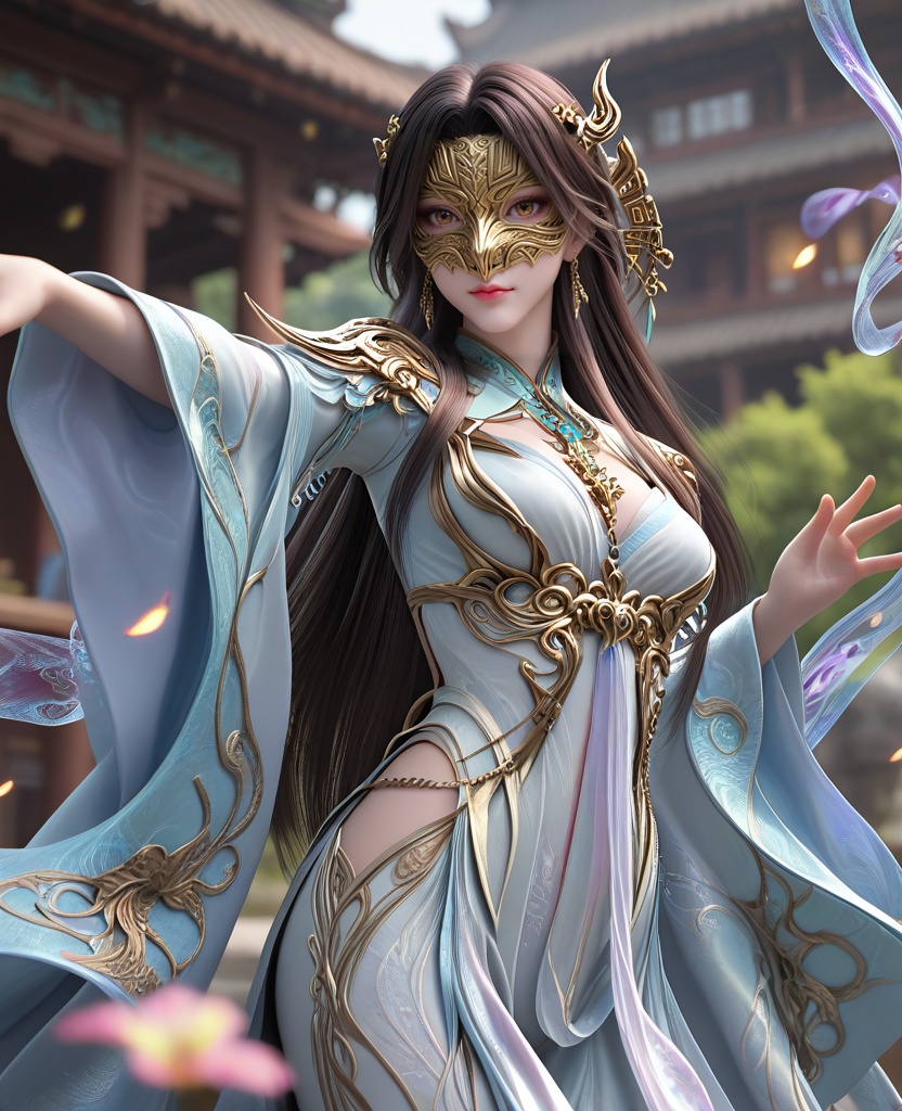 (oriental architecture, elegant decor, sophisticated style:1.1),Reaching out to touch a flower, exuding wonder and appreciation,,(breasts:1.2),<lora:XL16完美世界狠人大帝:0.95>,miss henren,white high-slit corset gown,brown eyes,black hair,very long hair,long front strands,earrings,jewelry,wide flowing sleeves,hagoromo,bronze mask,, zPDXL2, score_9, score_8_up, score_7_up BREAK realistic, masterpiece,best quality, highly detailed,, zPDXL3, zPDXL2,zPDXL, zPDXLxxx, zPDXLrl,