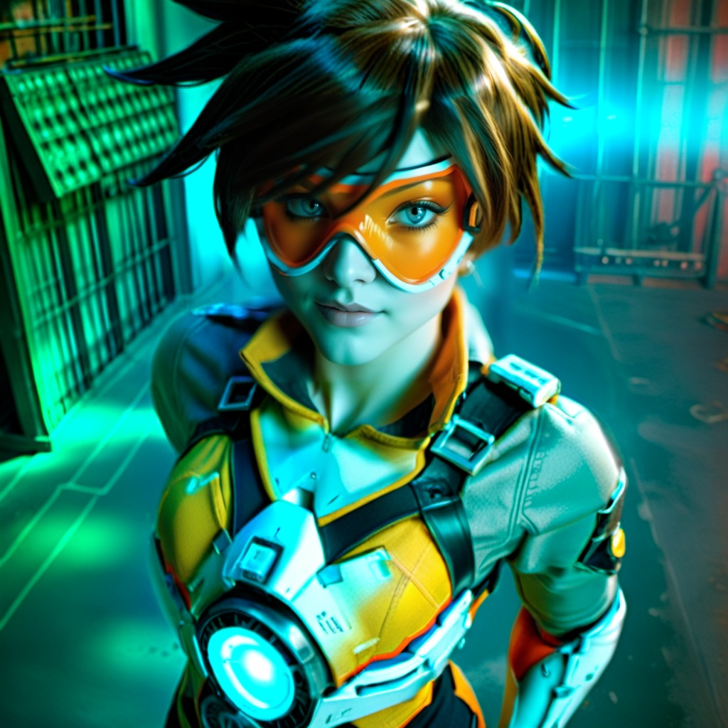 cinematic photo a woman with an orange glassmask holding guns in a futuristic cyberpunk background,  neon lights . 35mm ph...