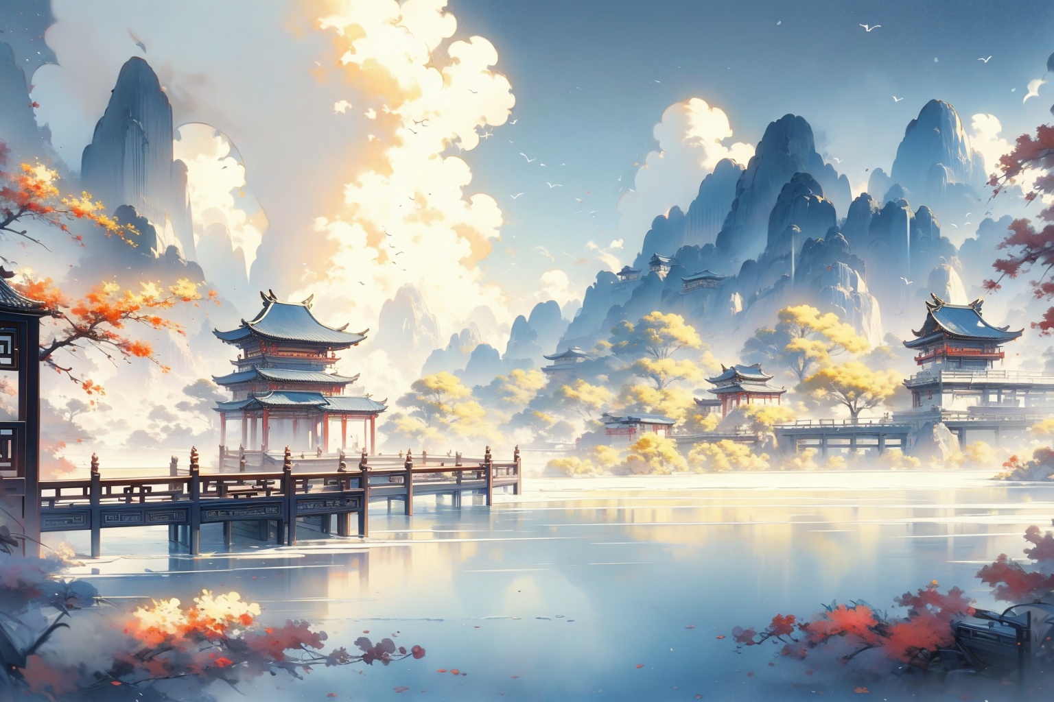 (masterpiece:1.2),best quality,highres,extremely detailed CG,perfect lighting,8k wallpaper,Illustration,painting,paintbrush,antique ink painting,chinese element,in autumn,luoye,<lora:FF_20240110235639-000009:1>,