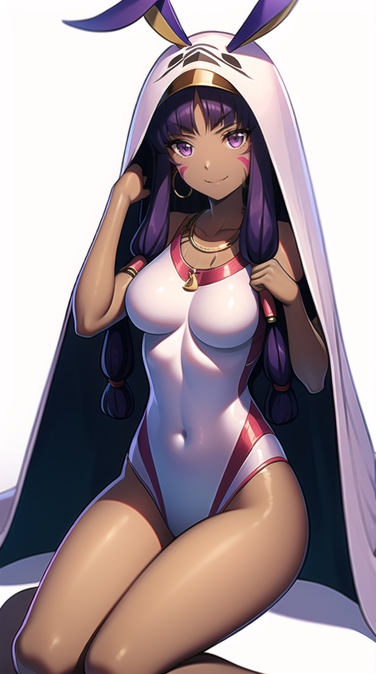 (best quality), ((masterpiece)), (highres), illustration, original, extremely detailed, <lora:yongyi4:0.8>yyds, 1girl, nitocris \(swimsuit assassin\) \(fate\), nitocris \(fate\), solo, dark-skinned female, long hair, dark skin, purple hair, purple eyes, swimsuit, smile, jewelry, one-piece swimsuit, breasts, looking at viewer, earrings, sitting, seiza, hoop earrings, animal ears, very long hair, covered navel, medjed \(fate\), facial mark, medium breasts, necklace, jackal ears, white background, simple background, white one-piece swimsuit