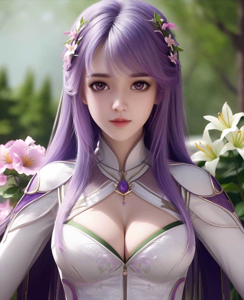 <lora:558-DA-斗罗大陆-王冬:0.8>(,1girl, ,best quality, ),looking at viewer,  ,ultra detailed 8k cg,ultra detailed background,ultra realistic 8k cg,1girl, solo,(bare shoulders:0.85),(masterpiece, best quality),((oil painting style)),sexy young lady,(beautiful face and eyes),(upper body:1.5),(whole body:1.05),(single person:1.2),surrounded by flowers, (lily), roses, floret, vegetation, white, purple, purplish pink,Impressionism,colorful,(Breast size:1.3),(cleavage),