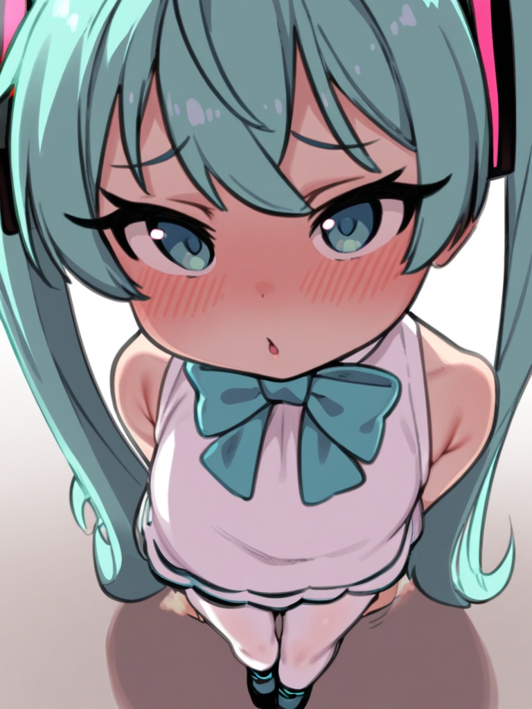 masterpiece, best quality, <lora:style578-a31-000020:1>, loli,1girl,hatsune miku,green hair,long hair,twintails, headgear, blush,white dress,white pantyhose,