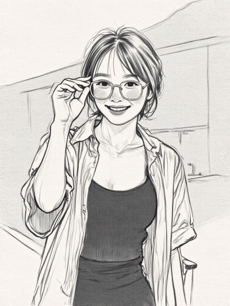 A pencil drawing of a young woman with short, messy hair and glasses, wearing a loose shirt and a black top underneath, smiling and holding her glasses in her right hand. The background is a minimalist interior with a modern design, featuring a kitchen counter with a bowl and a chair. The drawing has a sketchy, rough texture. The woman has a playful and confident expression., <lora:铅笔画_人物_flux版:1>