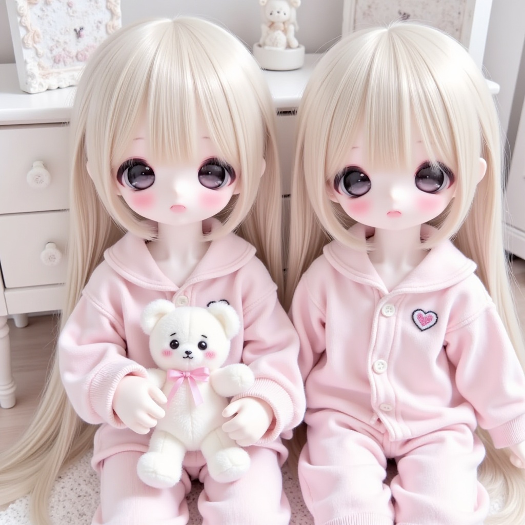 This digital artwork features two identical porcelain dolls with large, expressive eyes and soft pink blush on their cheeks. Both dolls have long, straight, platinum blonde hair with bangs. They are wearing matching pastel pink, button-up pajamas with a small, embroidered heart on the left side of their chests. The doll on the right is holding a small, white, plush teddy bear with black embroidered eyes and a pink ribbon around its neck. The background consists of a light-colored wooden floor and a white, minimalistic piece of furniture with a rounded, textured ornament on top. The overall color palette is soft and pastel, enhancing the delicate and innocent appearance of the dolls. The lighting is even, creating a gentle and soothing atmosphere. The dolls' skin is smooth and pale, contributing to their delicate and lifelike appearance. The style of the artwork is highly realistic, with a focus on creating a sense of innocence and purity.
