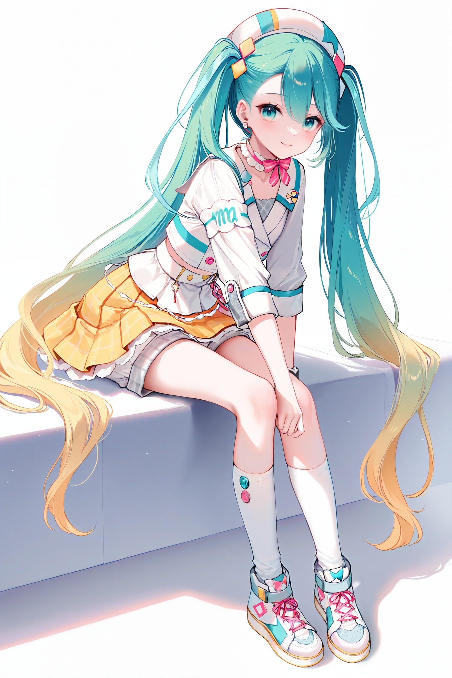 masterpiece,best quality,newest,absurdres,highres,soft shadows,photorealistic,(chen bin:0.5),(hiten \(hitenkei\):0.4),(rimuu:0.5),(mignon:0.5),(sheya:0.6),<lora:MMM2024XLNAI:1>,magical mirai miku \(2024\),shorts,sneakers,headwear,white shirt,yellow skirt,frilled skirt,white kneehighs,