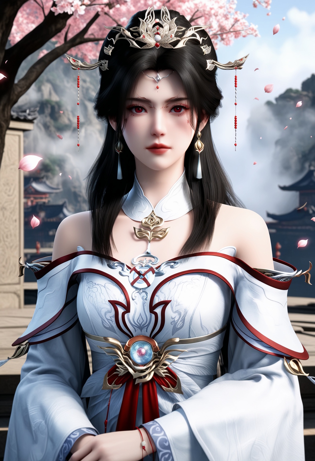 masterpiece,best quality,amazing quality,very aesthetic,high resolution,ultra-detailed,absurdres,scenery,photorealistic,(looking at viewer:1.1),upper body,(moody lighting:1.1),peach blossom,falling petals,(large breasts:0.8),yaoxixue,1girl,solo,long hair,black hair,jewelry,hair ornament,earrings,dress,bare shoulders,white dress,closed mouth,red eyes,tiara,facial mark,long sleeves,detached collar,forehead mark,hair bun,white footwear BREAK photorealistic details,<lora:QQSillyaoxixueV1:0.8>,