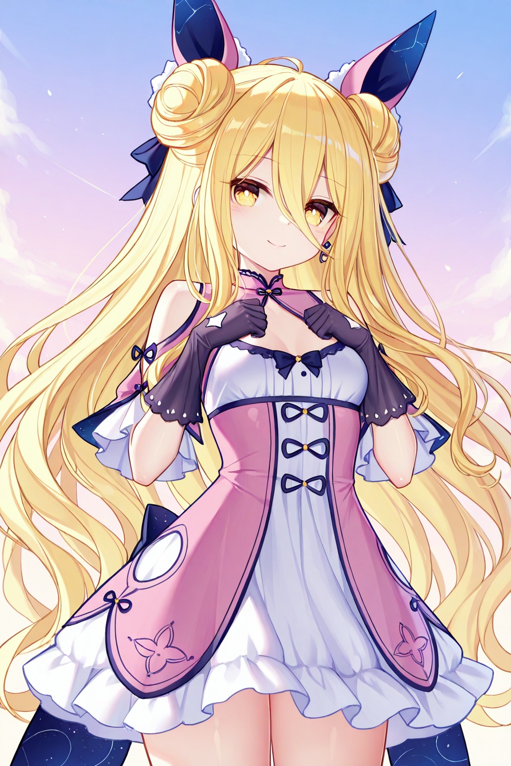 masterpiece, best quality, newest, absurdres, highres,(quan \(kurisu tina\):0.6, ),(chen bin:0.5),(rimuu:0.5),(mignon:0.5),(sheya:0.5),,petite pretty little girl,  mukuro(equip), 1girl, blonde hair, long hair, yellow eyes, messy hair, dress, double bun, gloves, clothing cutout,smile<lora:mukuroXLNAI-000010:1>