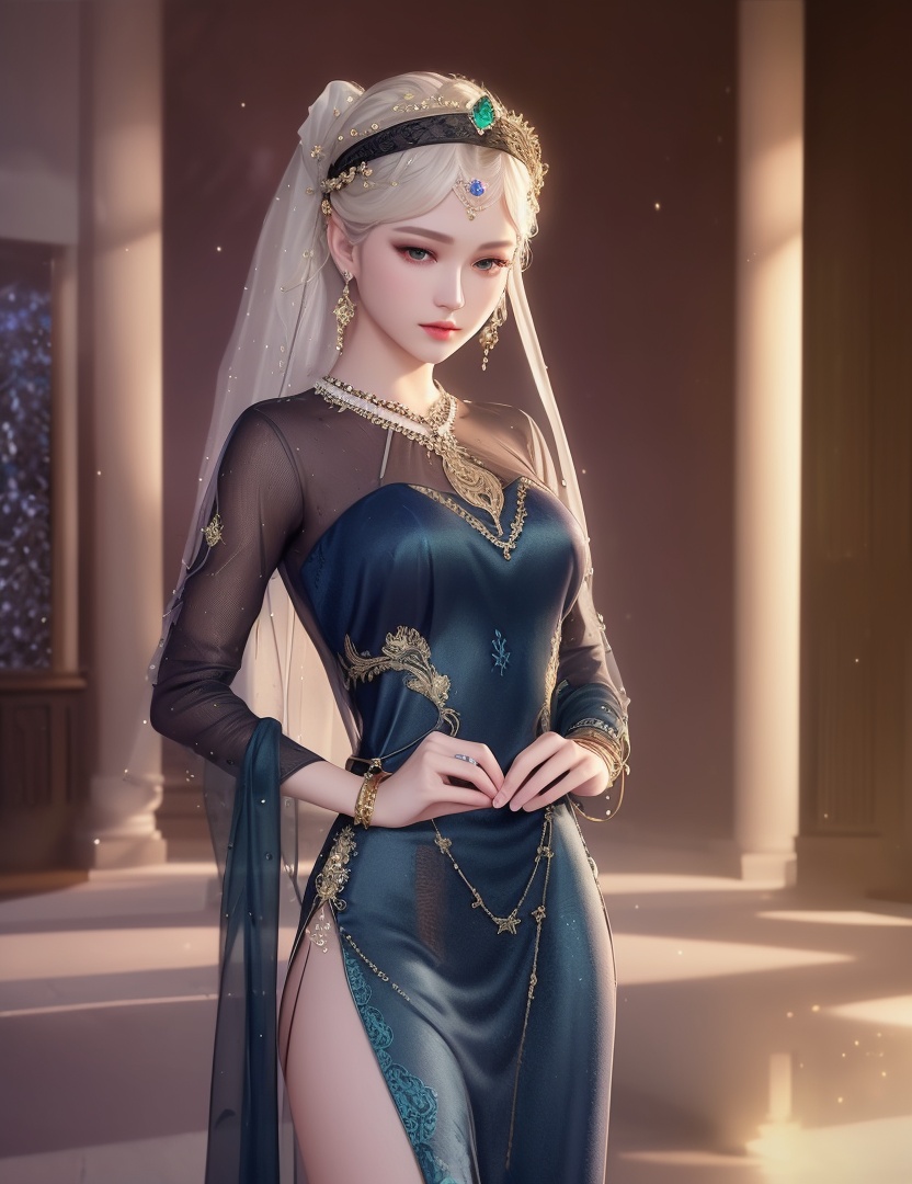 ultra realistic 8k cg, picture-perfect face, flawless, clean, masterpiece, professional artwork, famous artwork, cinematic lighting, cinematic bloom, perfect face, beautiful face, fantasy, dreamlike, unreal, science fiction,  beautiful clothes, lace, lace trim, lace-trimmed legwear,  (rich:1.4), prestige, luxury, jewelry, diamond, gold, pearl, gem, sapphire, ruby, emerald, intricate detail, delicate pattern, charming, alluring, seductive, erotic, enchanting, hair ornament, necklace, earrings, bracelet, armlet,halo((,1girl, pov,))(((,  1girl,  solo,looking at viewer, ))),(((1girl, solo, dress, jewelry)))<lora:DA_WhiteSnakeGreenSnake:0.7>