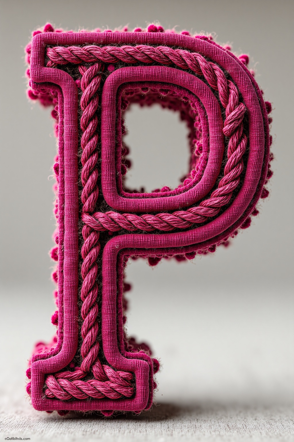 beijihui,The image features a large,three-dimensional letter "P" **** from a fabric material. The "P" is crafted with a vibrant pink color and is intricately designed with a rope-**** texture that wraps around the entire structure,giving it a textured and tactile appearance. The letter is positioned against a neutral,blurred background that provides a subtle contrast,making the "P" stand out prominently.,
