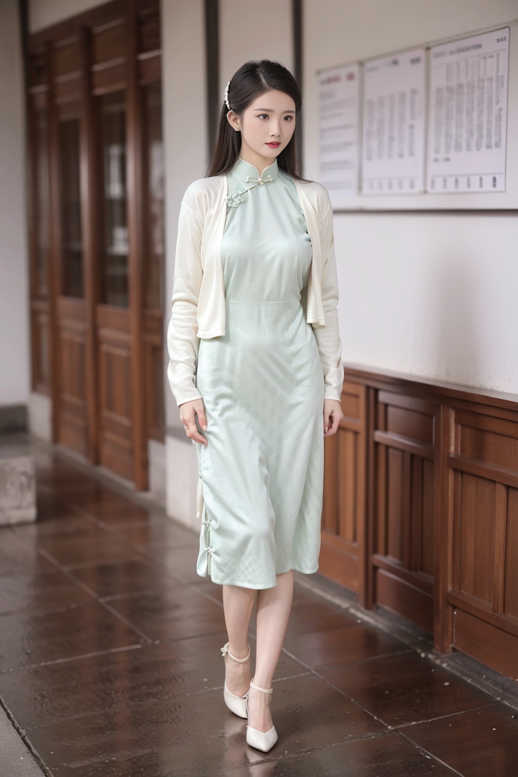 1girl, solo, (best quality, masterpiece, ultra-high resolution, 4K, HDR, UHD, 64K, official art), (photorealistic:1.3, realistic:1.3), legs,(indoors, classroom, black board, school desk), (Canon RF 85mm f/1.2L 85mm), (flower arrangement:1.2),floating hair, long hair, brown hair,(full body:1.3), (busty:1.2),(standing:1.3), (huge breasts:1.3), facing viewer, cheongsam, publictattoo, (foot focus:1.2, high heels), 