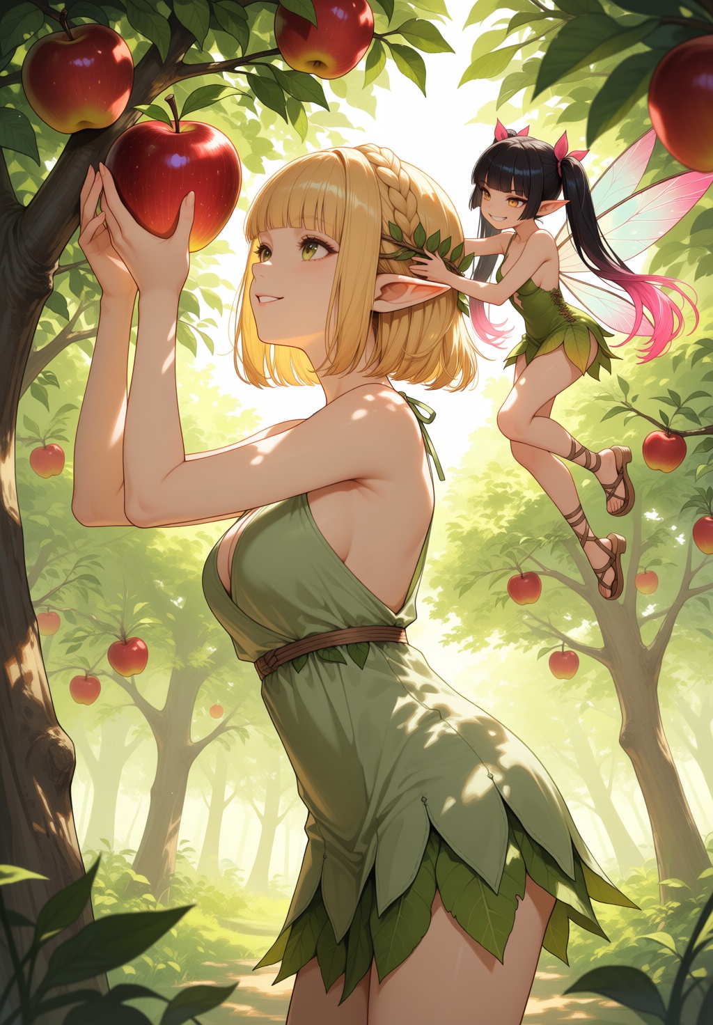 2girls,  size difference,  playful apple stealing on Tensor.Art