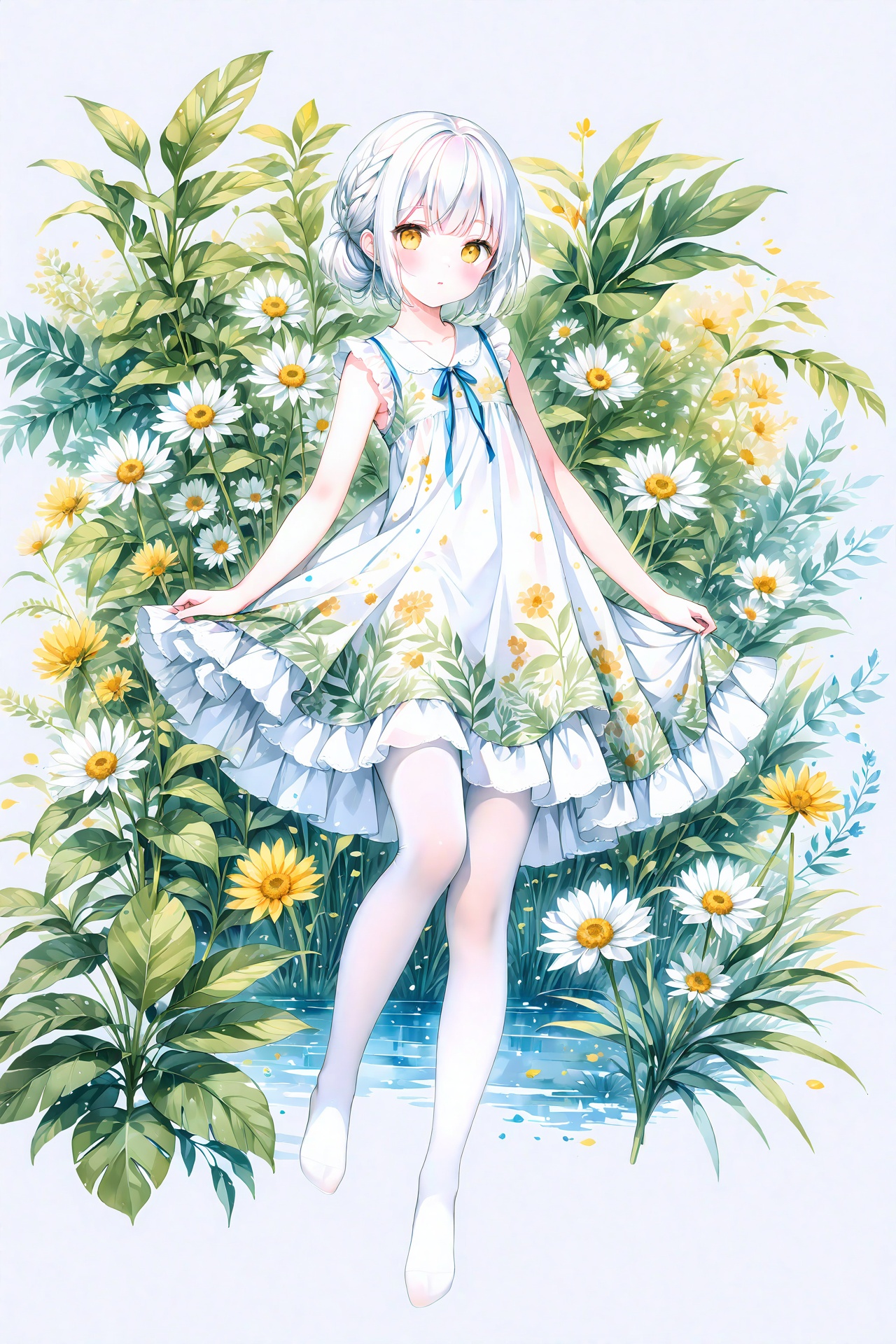 (masterpiece),(best quality),illustration,ultra detailed,hdr,Depth of field,(colorful),white pantyhose,no shoes,watercolor,masterpiece,best quality,extremely detailed,1girl,full body,beautiful detailed eyes,cute anime face,full body,beautiful detailed face,white hair,(Botanical illustration:1.5),white dress,1 girl,ziyi,