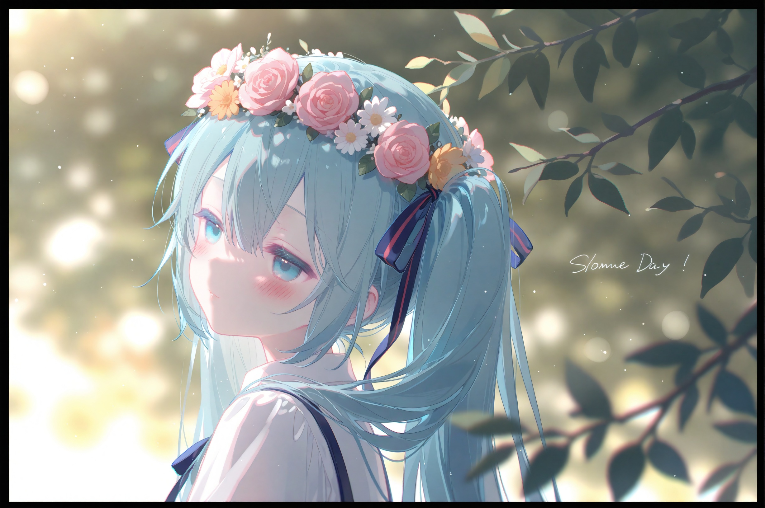 masterpiece,very aware,highres,absurdres,newest,best quality,loli,petite,high quality,chromatic_aberration,cinematic_angle,dutch angle, nyalia,//,umehara,//, ,1girl,hatsune miku,solo,flower,long hair,hair ornament,dappled sunlight,branch,red flower,rose,leaf,blurry,white flower,hair between eyes,hair flower,red rose,aqua hair,aqua eyes,upper body,looking at viewer,blurry background,sunlight,depth of field,parted lips,head wreath,from side,portrait,ribbon,half-closed eyes,backlighting,english text,pink flower,closed mouth,flower wreath,sidelighting,blue eyes,hair ribbon,character name,yellow flower,blue hair,expressionless,outdoors,blush,shade,yellow rose,looking to the side,eyelashes,daisy,twintails,border,pink rose,looking up,plant,white rose,sideways glance,shirt,light particles,looking back,blue ribbon,tree shade,black border,day,close-up,light smile,very long hair,orange flower,bokeh,colored eyelashes,lips,shadow,head tilt,bloom,tree,light blush,miku day,