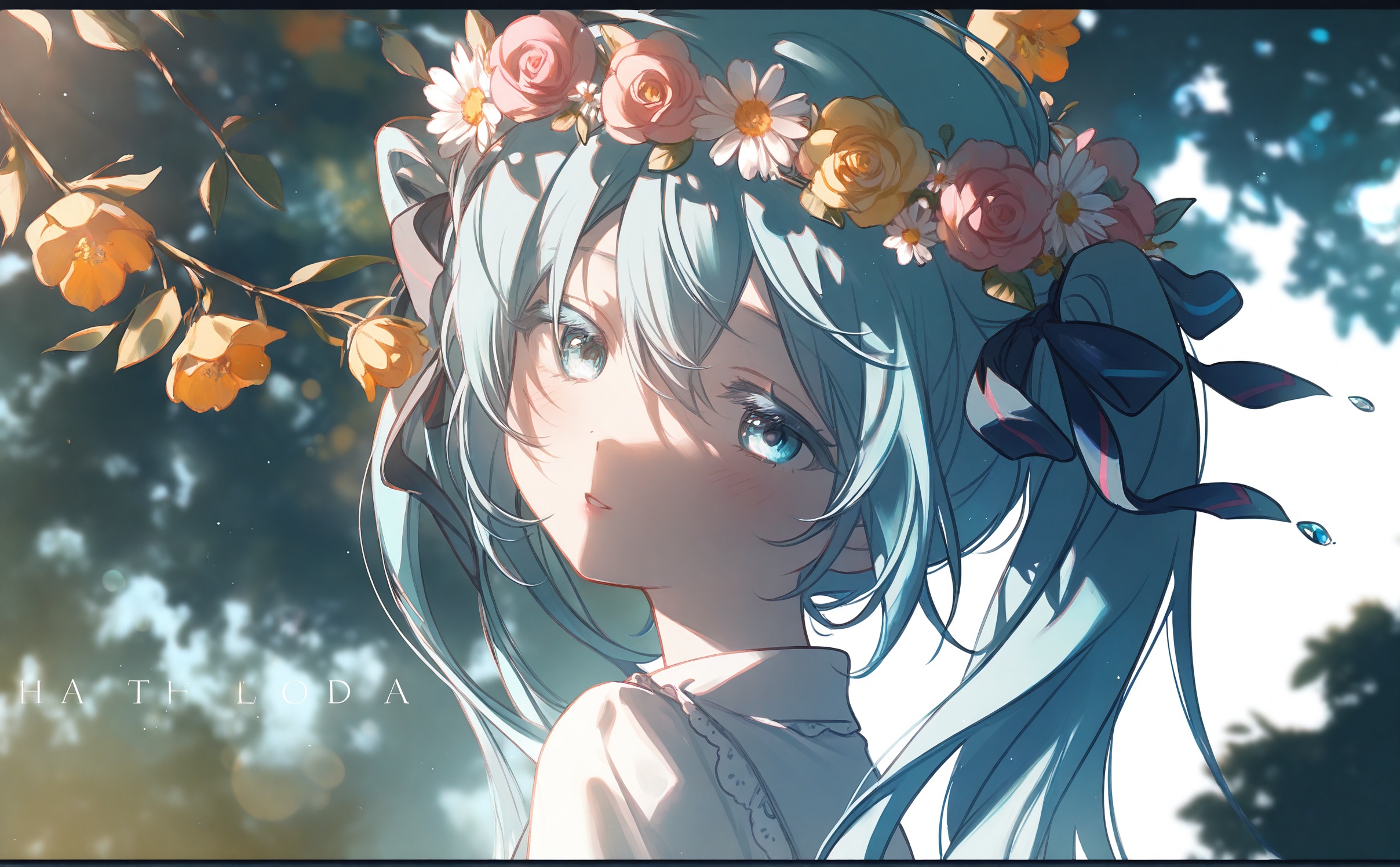 masterpiece,very aware,highres,absurdres,newest,best quality,loli,petite,high quality,chromatic_aberration,cinematic_angle,dutch angle,night,//,umehara,konya karasue,//,1girl,hatsune miku,solo,flower,long hair,hair ornament,dappled sunlight,branch,red flower,rose,leaf,blurry,white flower,hair between eyes,hair flower,red rose,aqua hair,aqua eyes,upper body,looking at viewer,blurry background,sunlight,depth of field,parted lips,head wreath,from side,portrait,ribbon,half-closed eyes,backlighting,english text,pink flower,closed mouth,flower wreath,sidelighting,blue eyes,hair ribbon,character name,yellow flower,blue hair,expressionless,outdoors,blush,shade,yellow rose,looking to the side,eyelashes,daisy,twintails,border,pink rose,looking up,plant,white rose,sideways glance,shirt,light particles,looking back,blue ribbon,tree shade,black border,day,close-up,light smile,very long hair,orange flower,bokeh,colored eyelashes,lips,shadow,head tilt,bloom,tree,light blush,miku day,<lora:Zitong neko:1>,