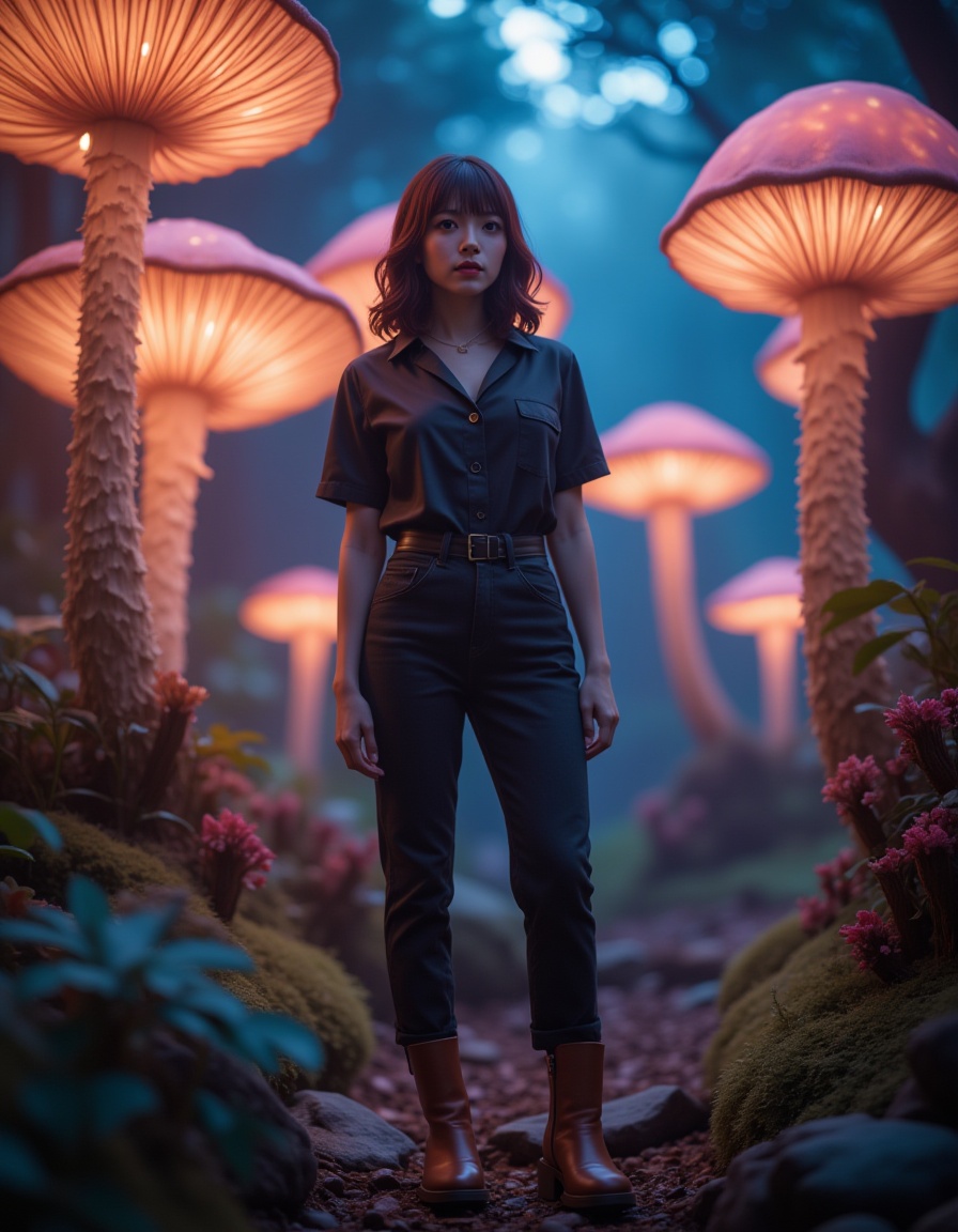 A gorgeous woman with shoulder-length maroon hair and stylish bangs,  standing confidently in the enchanting Myconid Haven...