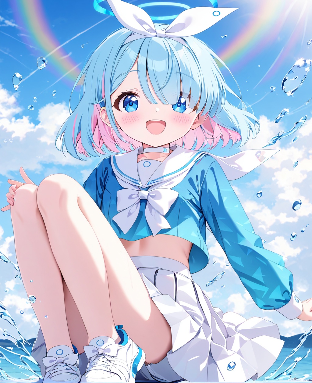 arona (blue archive),1girl, arona (blue archive), skirt, solo, blue eyes, shirt, blue hair, shoes, cloud, smile, blue shirt, multicolored hair, sky, white skirt, water, halo, white footwear, looking at viewer, open mouth, bangs, blue sky, sailor collar, pink hair, bow, short hair, hair over one eye, :d, outdoors, white choker, bow hairband, sneakers, choker, white sailor collar, hairband, day, school uniform, braid, long sleeves, water drop, white bow, serafuku, ribbon, full body, white hairband, blush, eyes visible through hair, two-tone hair, neckerchief, white ribbon, colored inner hair, hair ribbon, bare legs, rainbow, pleated skirt, cloudy sky