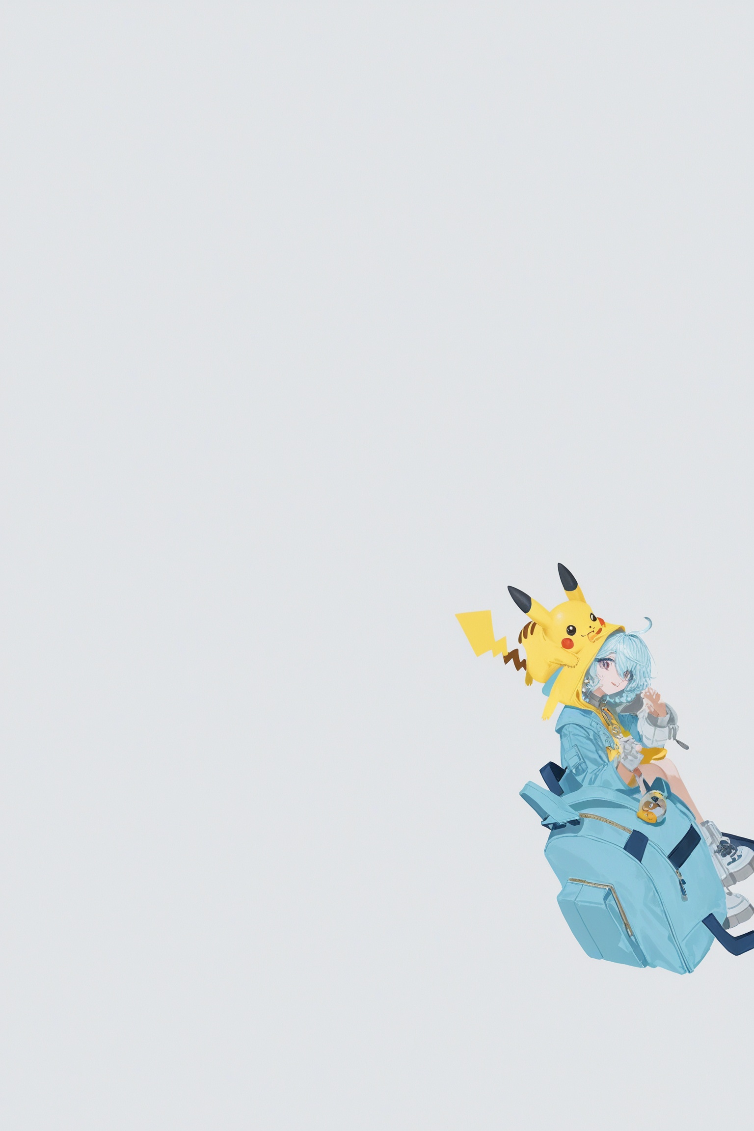 yoneyama mai,diyokama,amano yoshitaka,quasarcake,1girl,seed \(zenless zone zero\),light_blue_hair,A girl wearing a Pikachu hoodie and a blue backpack,white background,(looking at user:1.2),flat color,no lineart,SimplePositiveXLv3,happy,close up,
