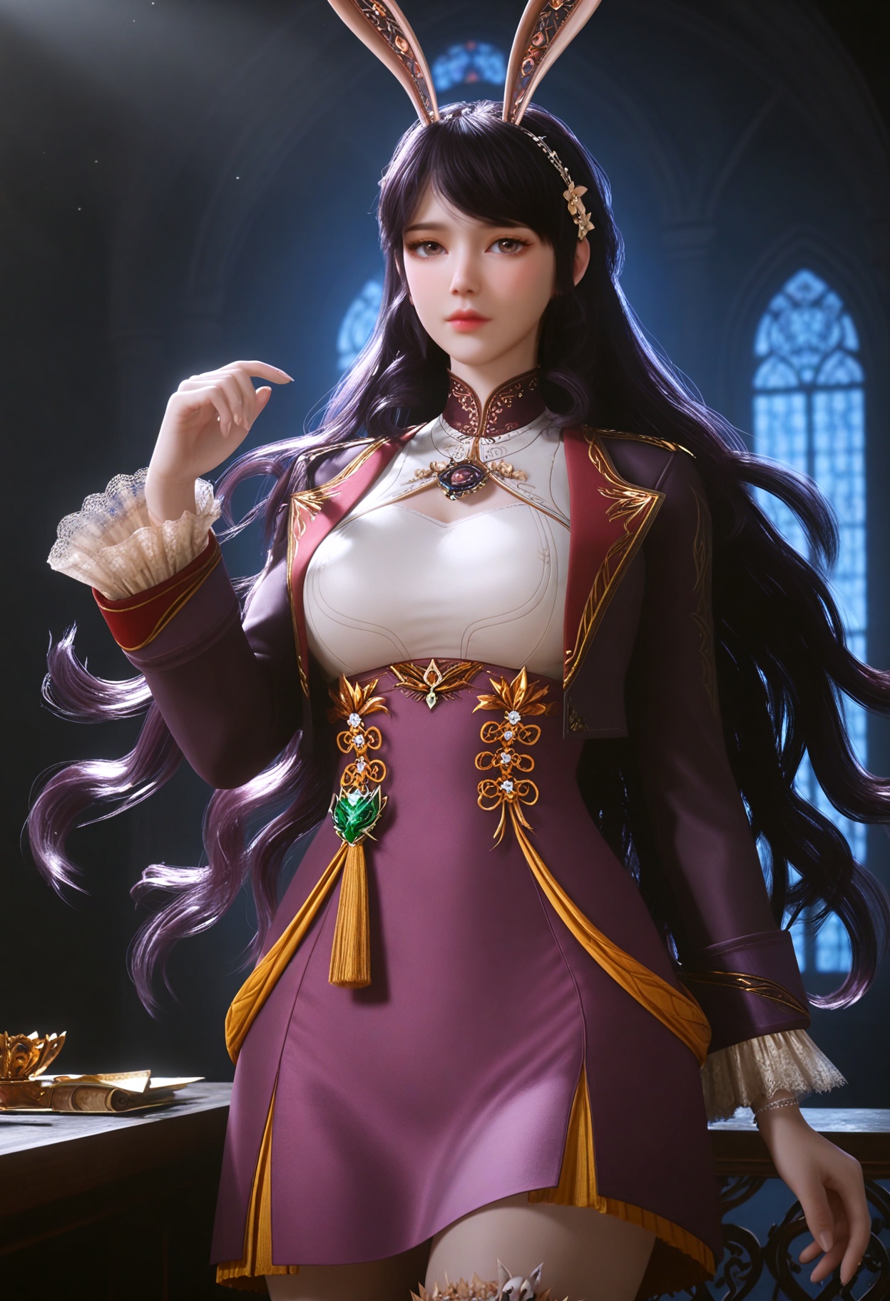 upper_body,(gigantic breasts:0.6),(slender:1.3),(looking_at_viewer:1.1),(masterpiece:1.1),(best quality:1.2),(intricate details),(smog:1.3),(Dark room:1.3),(dim lighting:1.3),<lora:YQ_Illustrious光辉v5_江楠楠_V1:0.8>,(q1528437228:1.3),solo,1girl,long_hair,black_hair,brown_eyes,realistic,brown_hair,hair_ornament,rabbit_ears,animal_ears,jewelry,flower,hair_flower,hairband,skirt,long_sleeves,fake_animal_ears,purple_skirt,tiara,very_long_hair,anklet,crown,necklace,pantyhose,thighhighs,gem,purple_dress,masterpiece,(best quality),(intricate details:0.9) BREAK (intricate details:0.9),(realistic skin:1.2),masterpiece,best quality,newest,absurdres,hiahres,