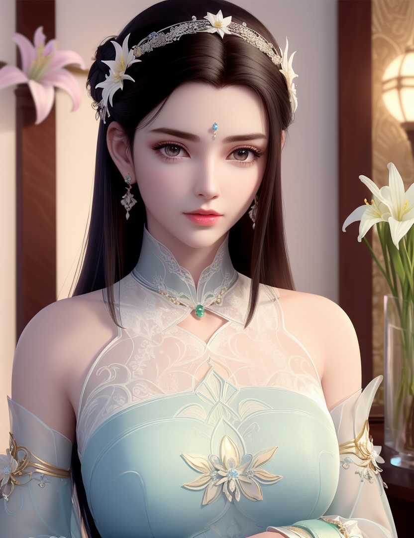ultra realistic 8k cg, picture-perfect face, flawless, clean, masterpiece, professional artwork, famous artwork, cinematic lighting, cinematic bloom, perfect face, beautiful face, fantasy, dreamlike, unreal, science fiction,  beautiful clothes, lace, lace trim, lace-trimmed legwear,  (rich:1.4), prestige, luxury, jewelry, diamond, gold, pearl, gem, sapphire, ruby, emerald, intricate detail, delicate pattern, charming, alluring, seductive, erotic, enchanting, hair ornament, necklace, earrings, bracelet, armlet,halo((,1girl, pov,))(((,lily \(flower\),  1girl, spring_\(season\), solo,looking at viewer, ))) <lora:DA_XiaoXunEr:0.6>