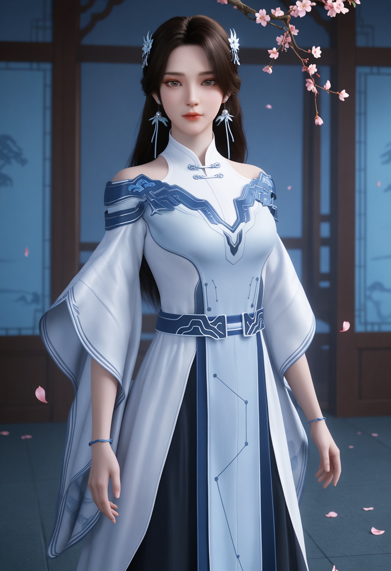 (cowboy shot:1.2),(looking at viewer:1.1),masterpiece,(best quality),smog,Dark room,dim lighting,peach blossom,falling petals,<lora:YQ_Illustrious光辉v5_李小曼_V1:0.8>,q1528437228,1girl,solo,jewelry,dress,long hair,hair ornament,earrings,white dress,black hair,bracelet,brown hair,chinese clothes,white footwear,long sleeves,brown eyes,boots,blue eyes,wide sleeves,blue dress,grey footwear,hair flower,shoes,